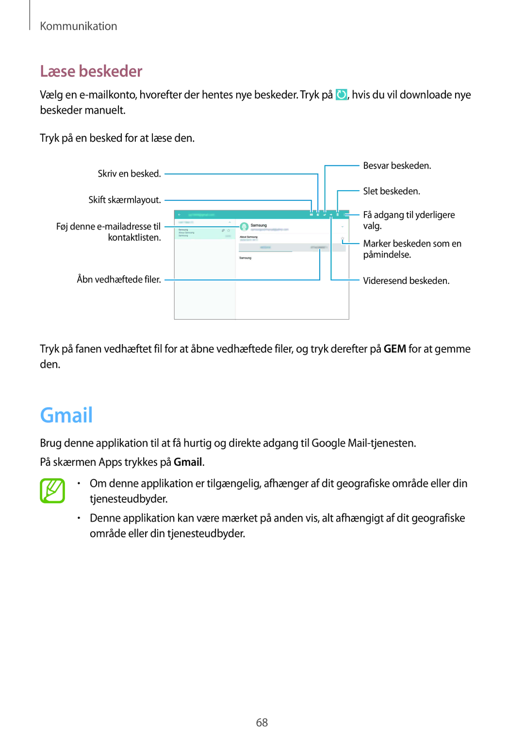 Samsung SM-P9050ZWANEE, SM-P9050ZKYNEE, SM-P9050ZKANEE, SM-P9050ZWYNEE manual Gmail, Læse beskeder 