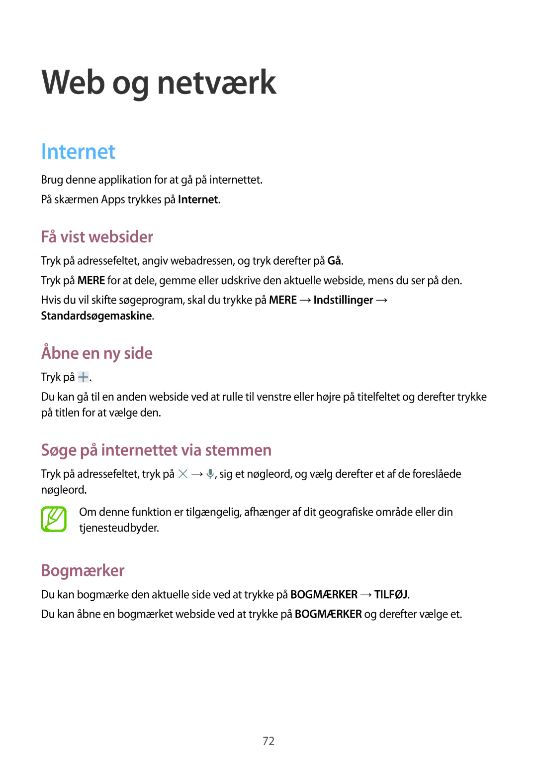 Samsung SM-P9050ZWANEE manual Internet, Få vist websider, Åbne en ny side, Søge på internettet via stemmen, Bogmærker 