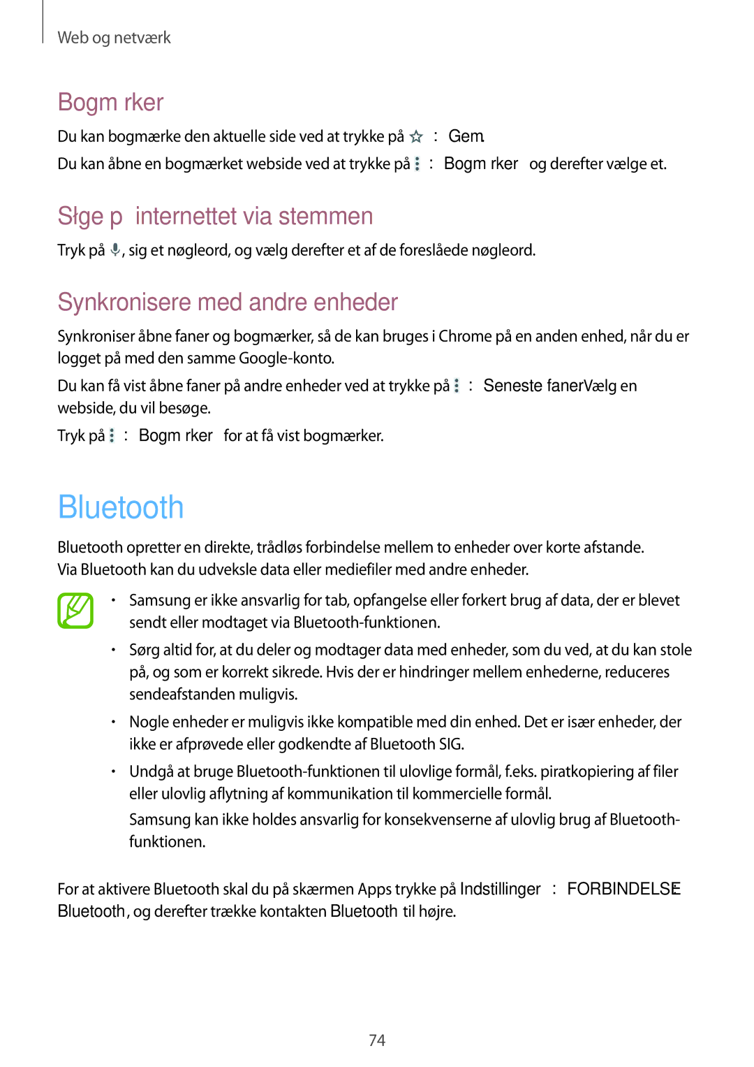 Samsung SM-P9050ZKANEE, SM-P9050ZWANEE, SM-P9050ZKYNEE, SM-P9050ZWYNEE manual Bluetooth, Synkronisere med andre enheder 