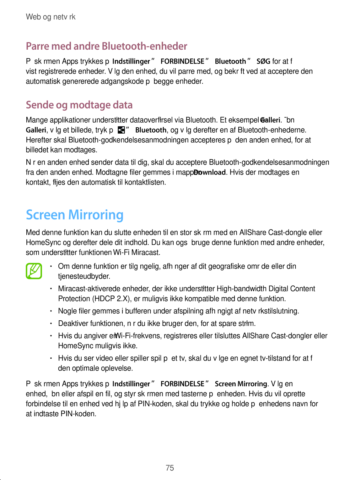 Samsung SM-P9050ZWYNEE, SM-P9050ZWANEE manual Screen Mirroring, Parre med andre Bluetooth-enheder, Sende og modtage data 