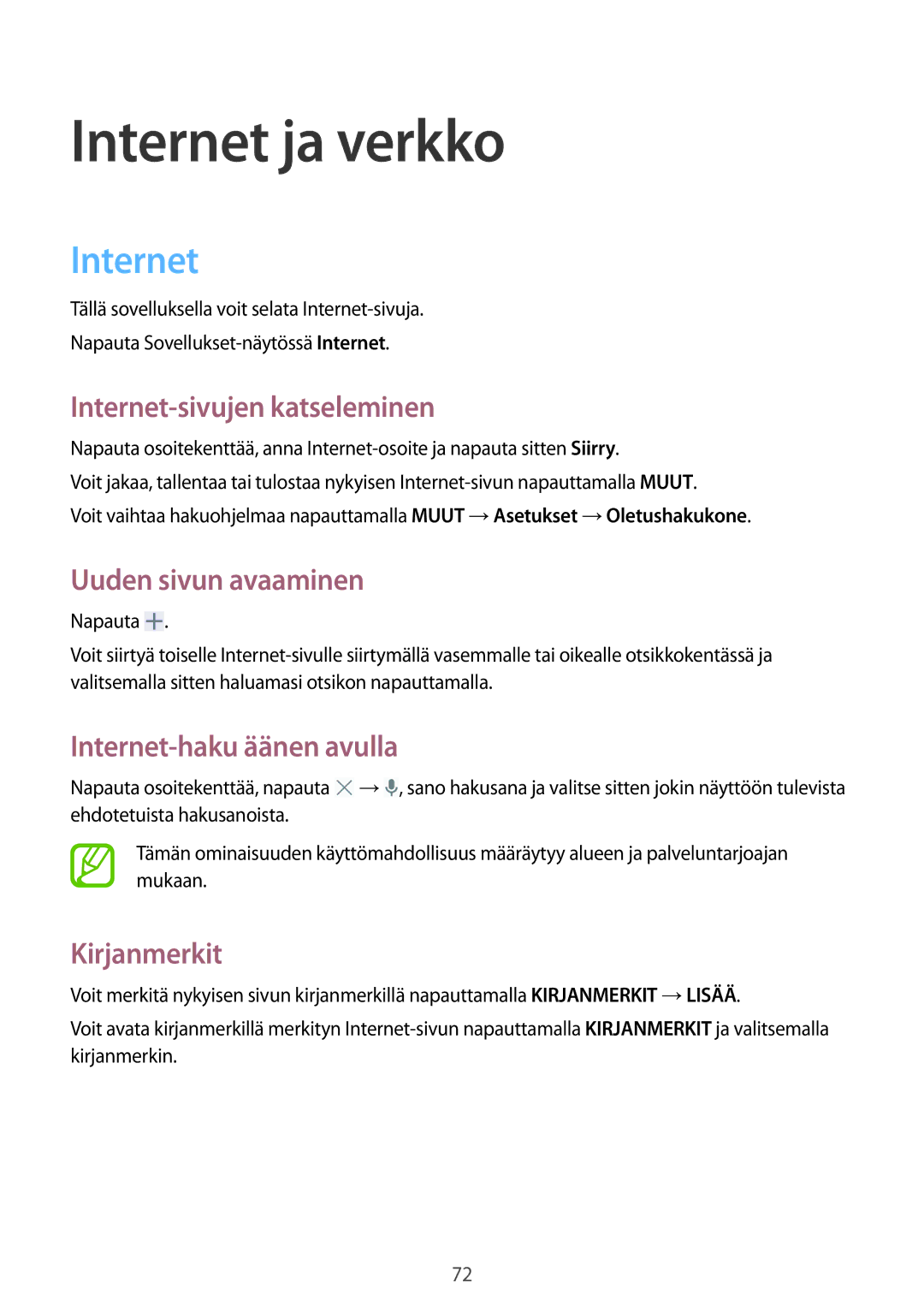 Samsung SM-P9050ZWANEE Internet-sivujen katseleminen, Uuden sivun avaaminen, Internet-haku äänen avulla, Kirjanmerkit 