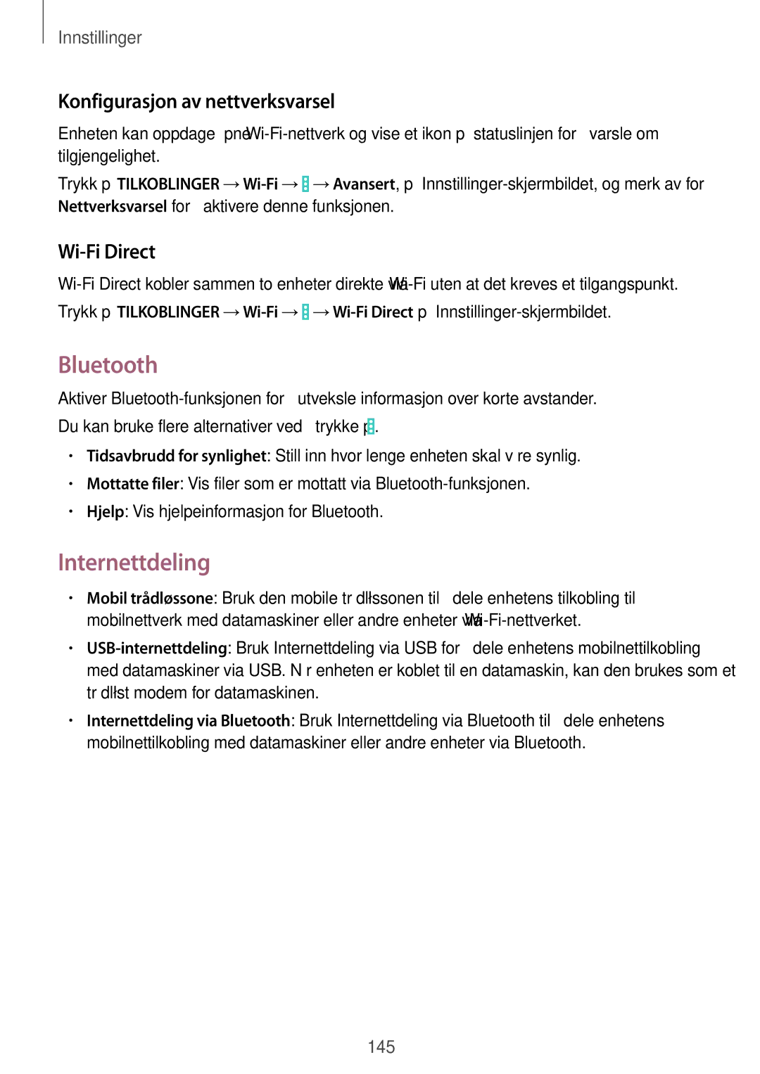 Samsung SM-P9050ZKYNEE, SM-P9050ZWANEE manual Bluetooth, Internettdeling, Konfigurasjon av nettverksvarsel, Wi-Fi Direct 