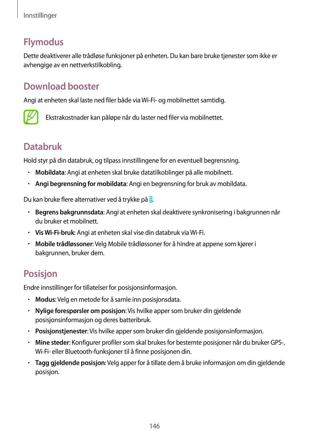Samsung SM-P9050ZKANEE, SM-P9050ZWANEE, SM-P9050ZKYNEE, SM-P9050ZWYNEE manual Flymodus, Download booster, Databruk, Posisjon 