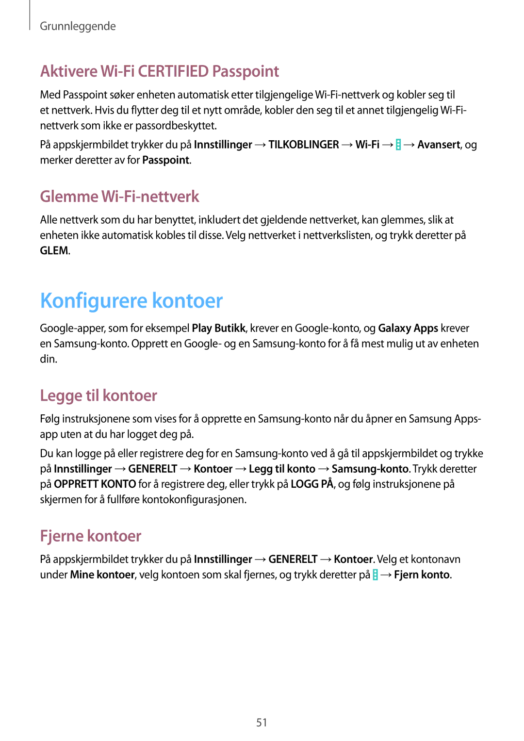 Samsung SM-P9050ZWYNEE Konfigurere kontoer, Aktivere Wi-Fi Certified Passpoint, Glemme Wi-Fi-nettverk, Legge til kontoer 