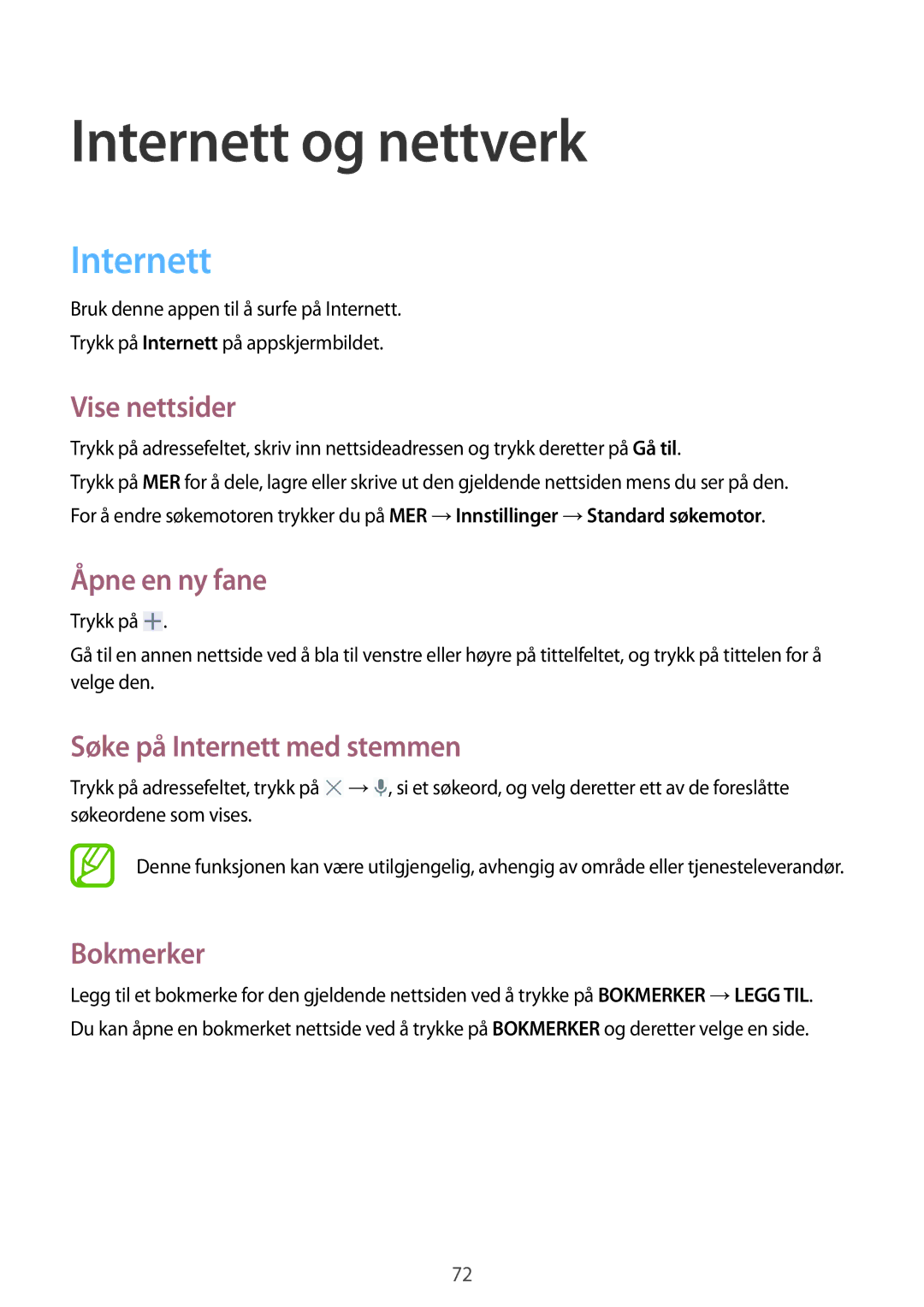 Samsung SM-P9050ZWANEE, SM-P9050ZKYNEE manual Vise nettsider, Åpne en ny fane, Søke på Internett med stemmen, Bokmerker 