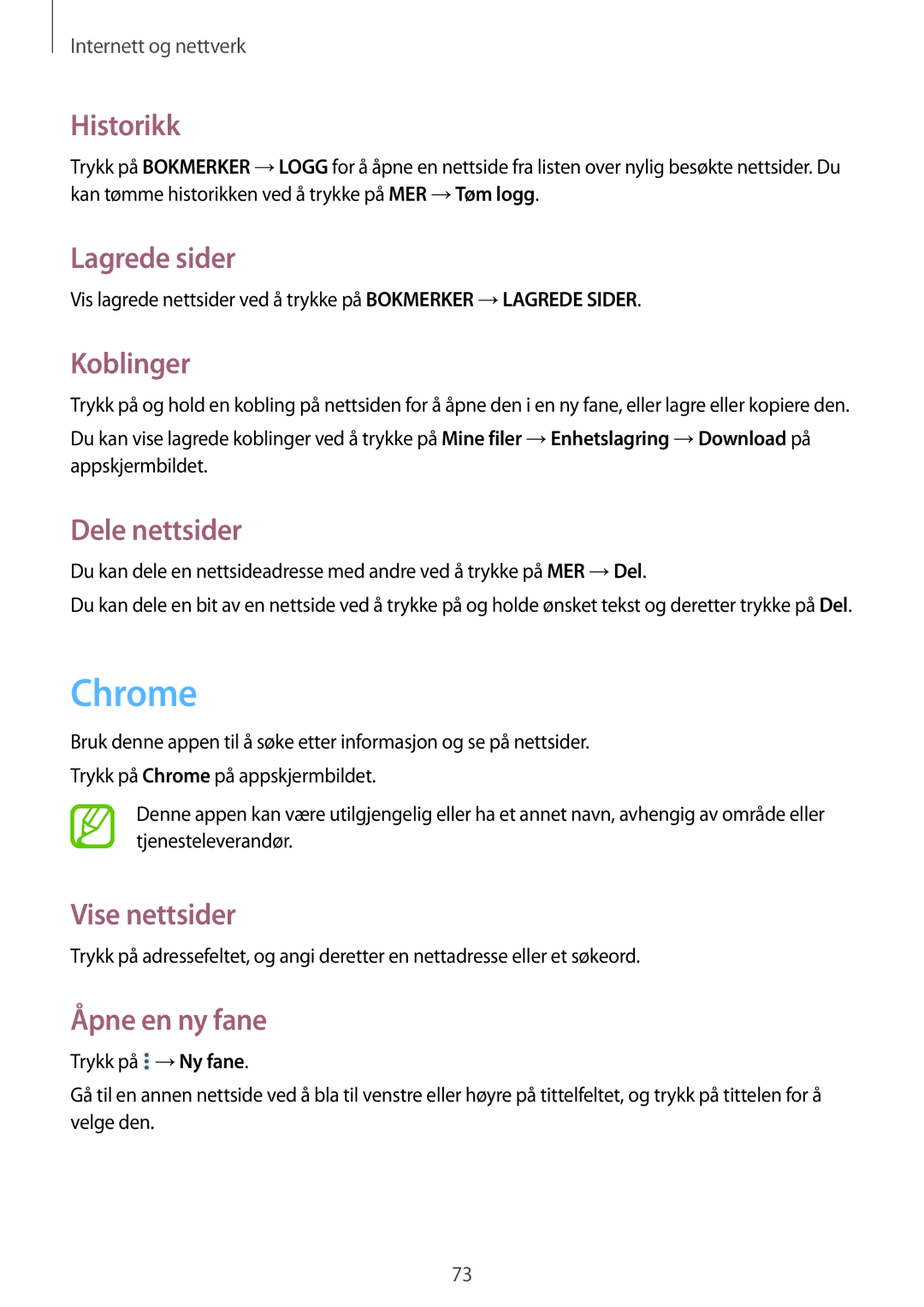 Samsung SM-P9050ZKYNEE, SM-P9050ZWANEE, SM-P9050ZKANEE manual Chrome, Historikk, Lagrede sider, Koblinger, Dele nettsider 