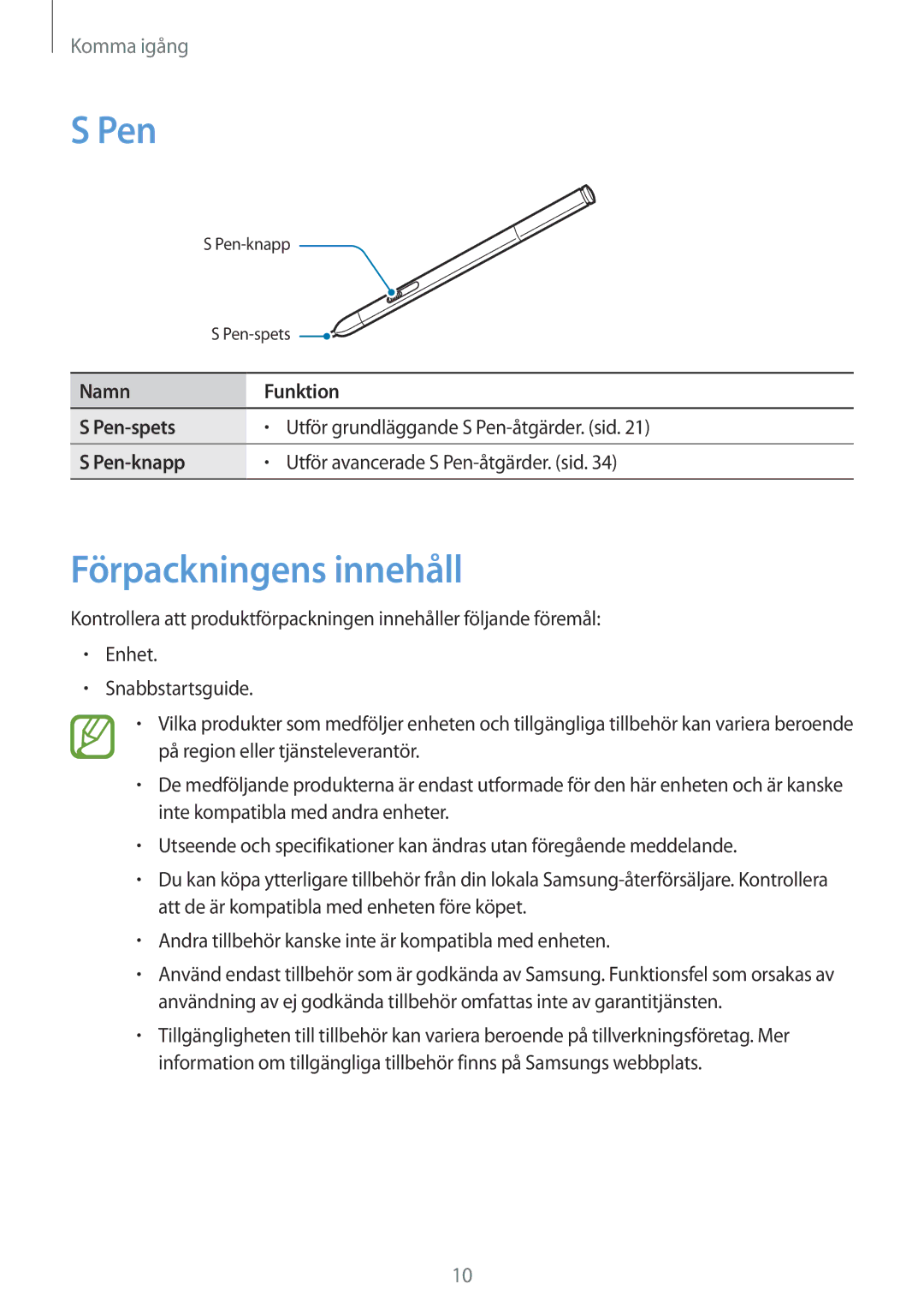 Samsung SM-P9050ZKANEE, SM-P9050ZWANEE, SM-P9050ZKYNEE, SM-P9050ZWYNEE manual Pen, Förpackningens innehåll 