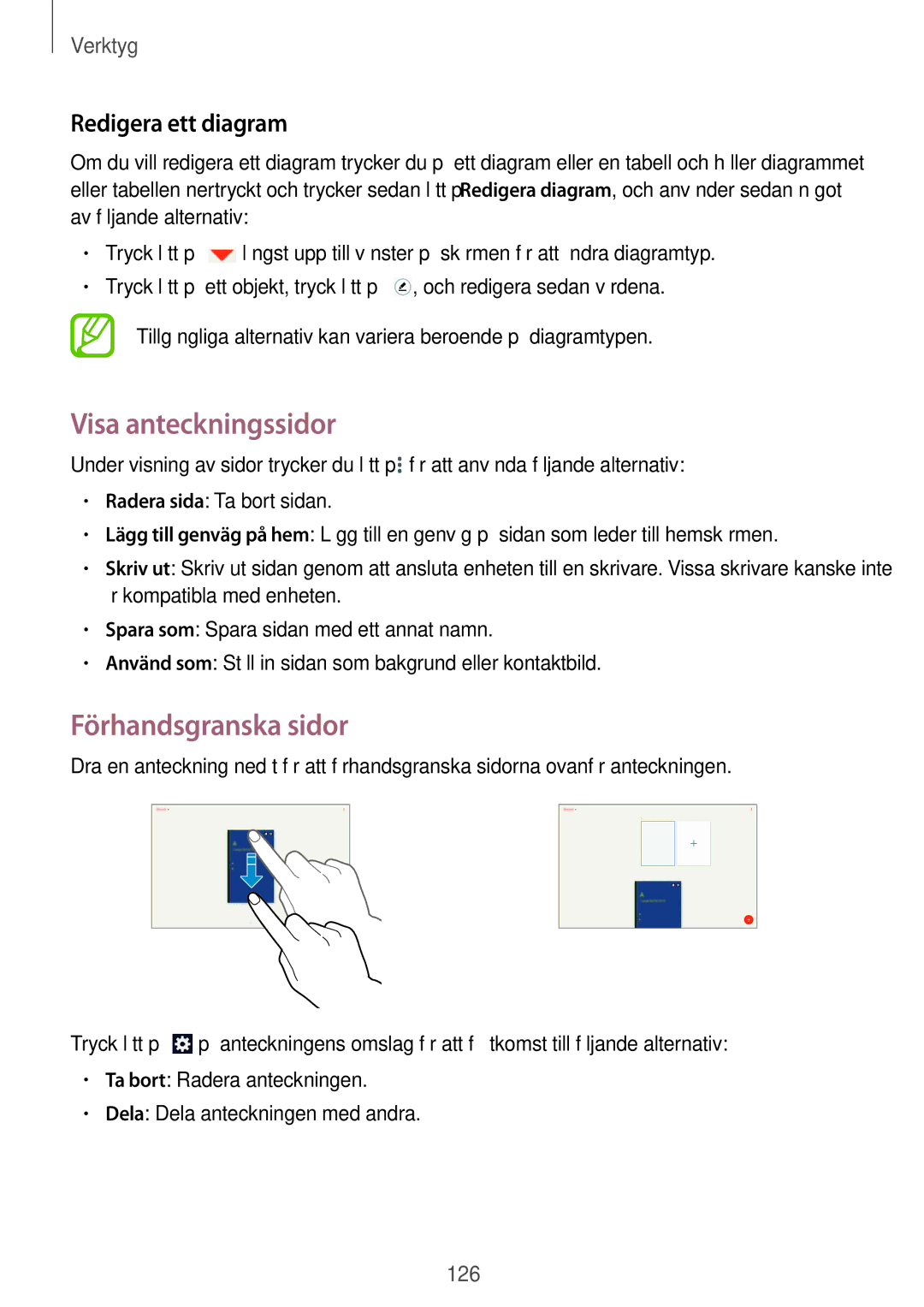 Samsung SM-P9050ZKANEE, SM-P9050ZWANEE, SM-P9050ZKYNEE Visa anteckningssidor, Förhandsgranska sidor, Redigera ett diagram 