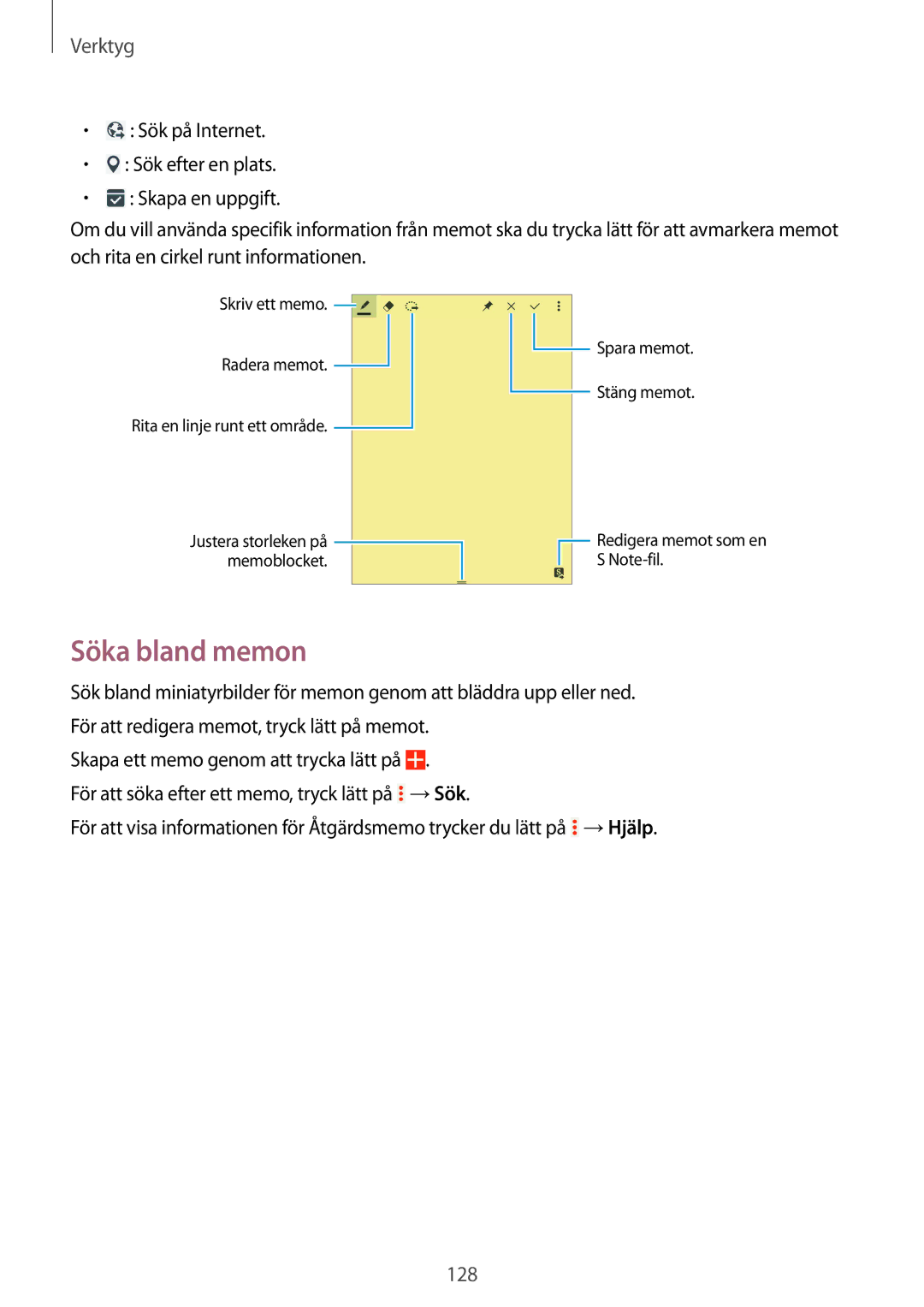 Samsung SM-P9050ZWANEE, SM-P9050ZKYNEE, SM-P9050ZKANEE, SM-P9050ZWYNEE manual Söka bland memon 