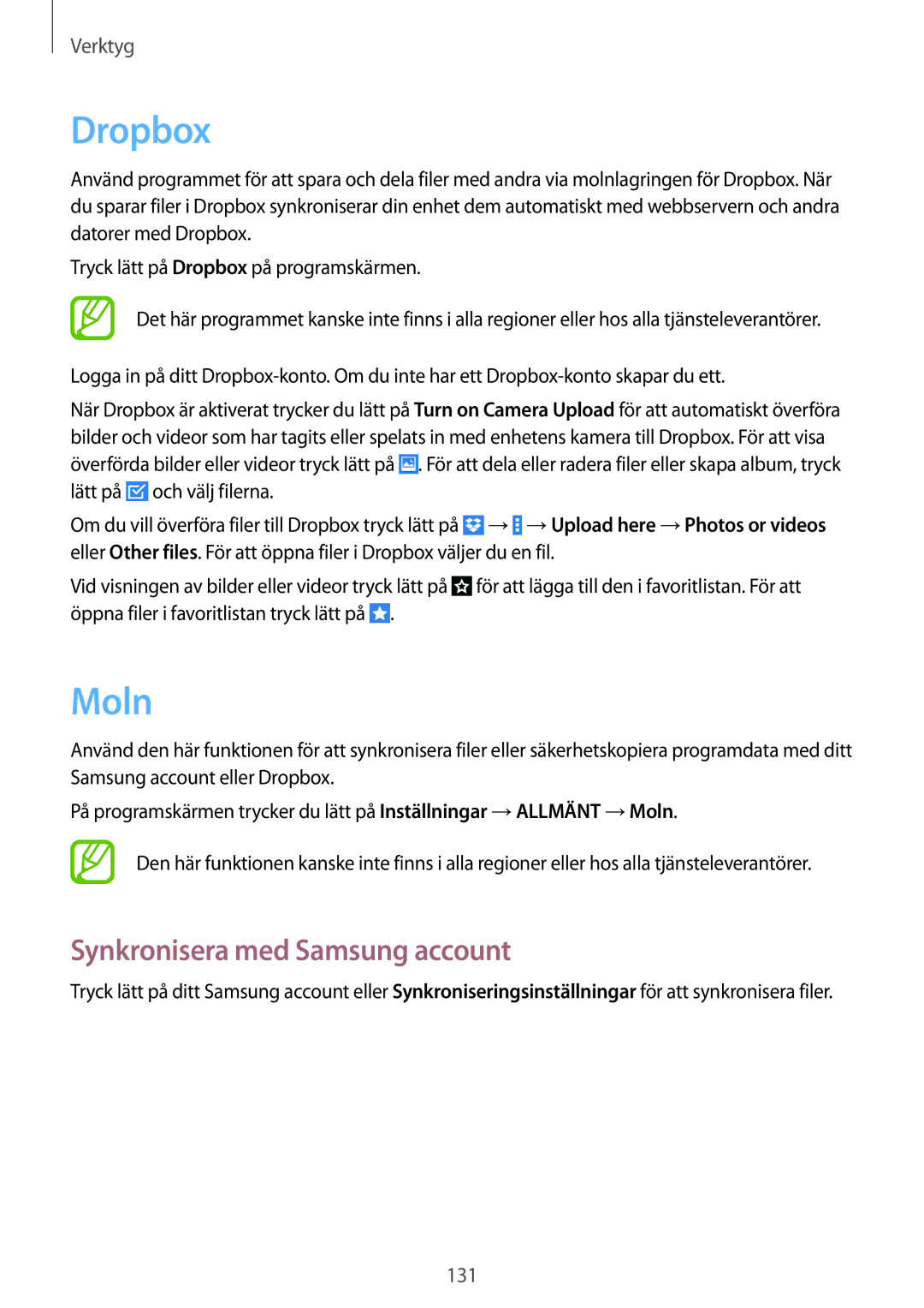 Samsung SM-P9050ZWYNEE, SM-P9050ZWANEE, SM-P9050ZKYNEE, SM-P9050ZKANEE manual Dropbox, Moln, Synkronisera med Samsung account 