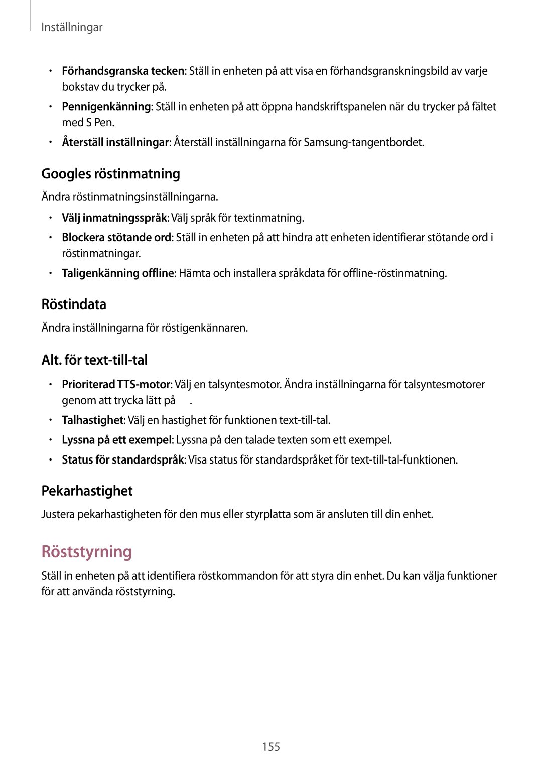 Samsung SM-P9050ZWYNEE manual Röststyrning, Googles röstinmatning, Röstindata, Alt. för text-till-tal, Pekarhastighet 