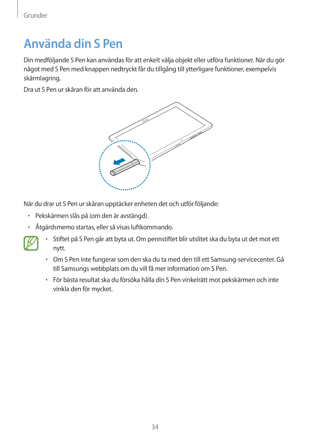 Samsung SM-P9050ZKANEE, SM-P9050ZWANEE, SM-P9050ZKYNEE, SM-P9050ZWYNEE manual Använda din S Pen 