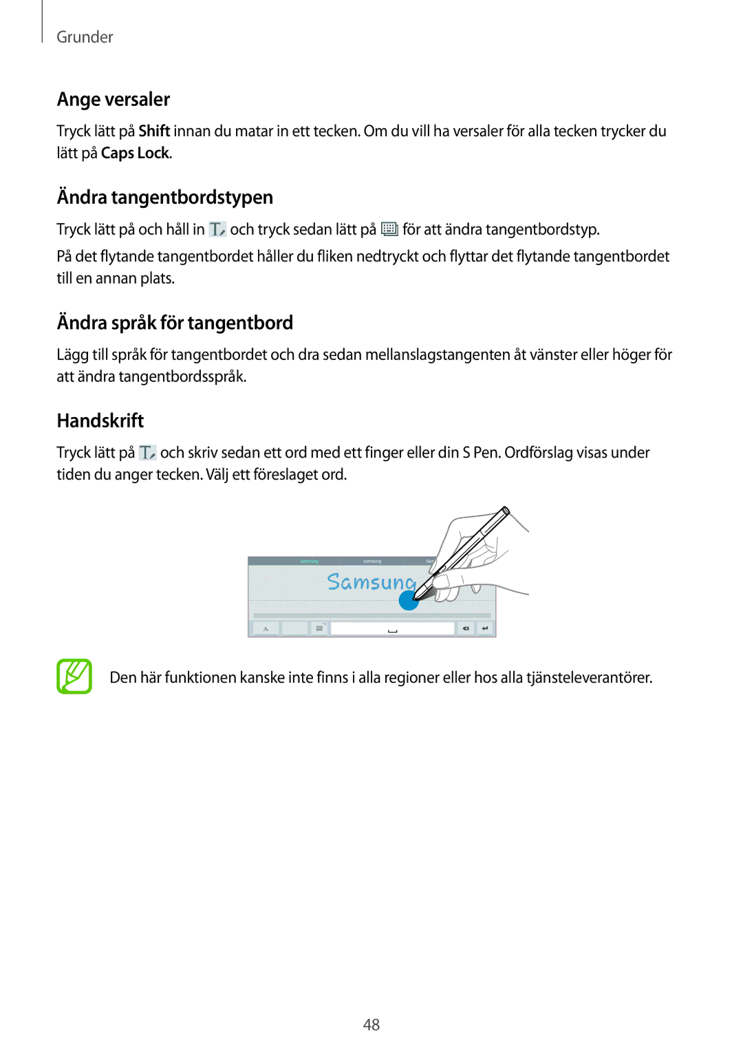 Samsung SM-P9050ZWANEE, SM-P9050ZKYNEE Ange versaler, Ändra tangentbordstypen, Ändra språk för tangentbord, Handskrift 