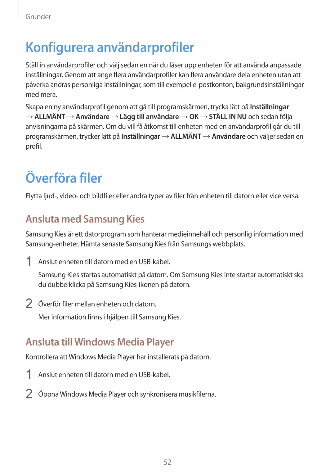 Samsung SM-P9050ZWANEE, SM-P9050ZKYNEE manual Konfigurera användarprofiler, Överföra filer, Ansluta med Samsung Kies 