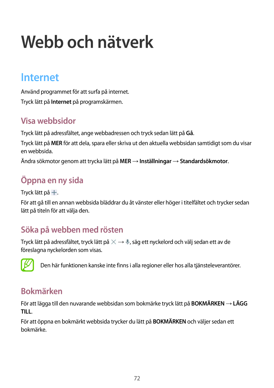 Samsung SM-P9050ZWANEE, SM-P9050ZKYNEE Internet, Visa webbsidor, Öppna en ny sida, Söka på webben med rösten, Bokmärken 