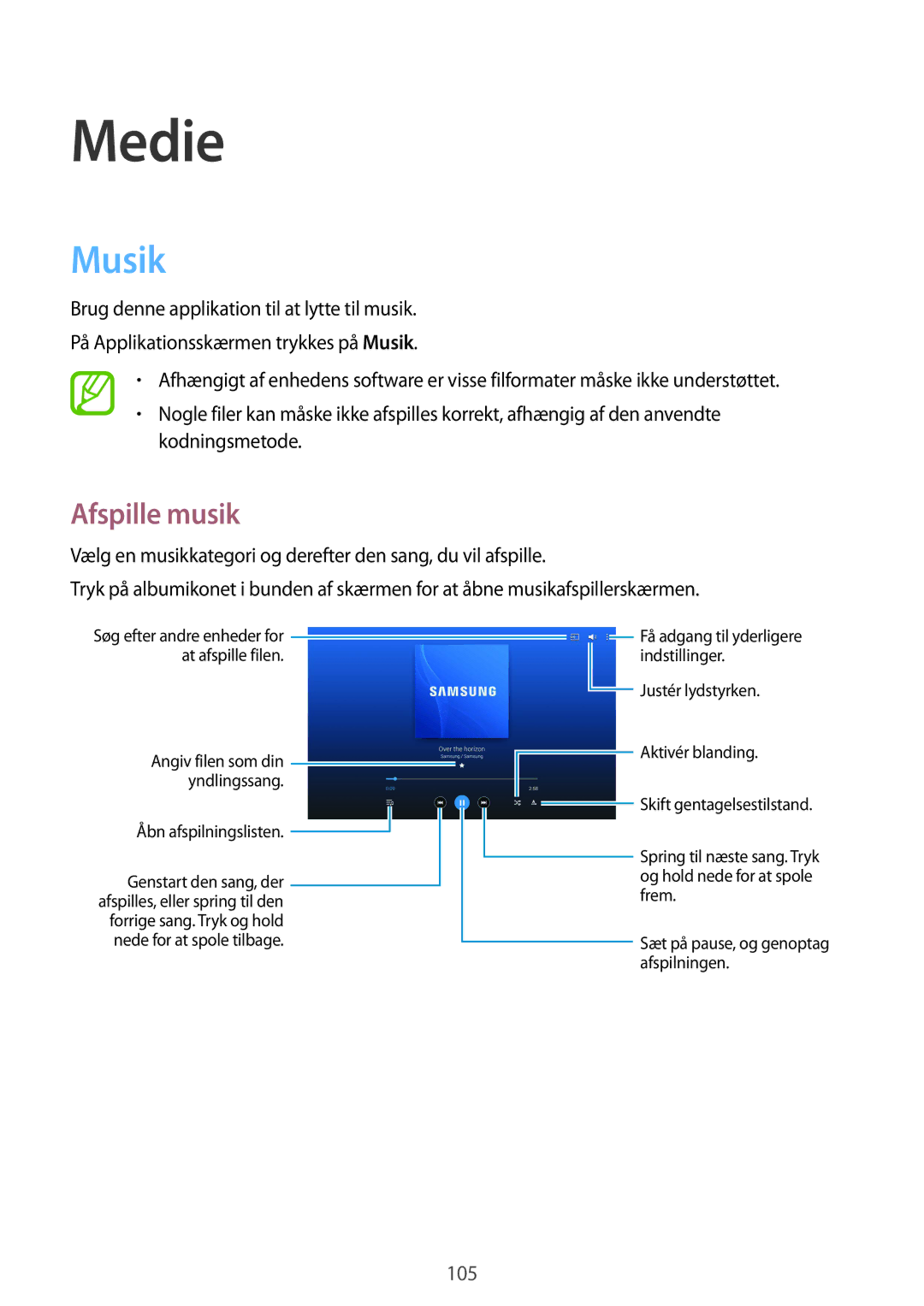 Samsung SM-P9050ZKYNEE, SM-P9050ZWANEE, SM-P9050ZKANEE, SM-P9050ZWYNEE manual Musik, Afspille musik 