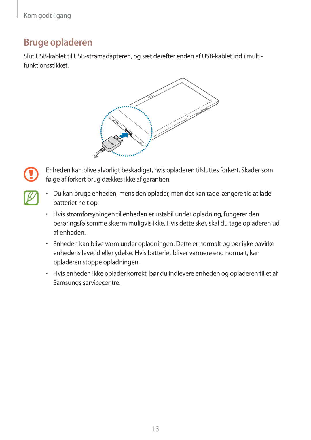 Samsung SM-P9050ZKYNEE, SM-P9050ZWANEE, SM-P9050ZKANEE, SM-P9050ZWYNEE manual Bruge opladeren 