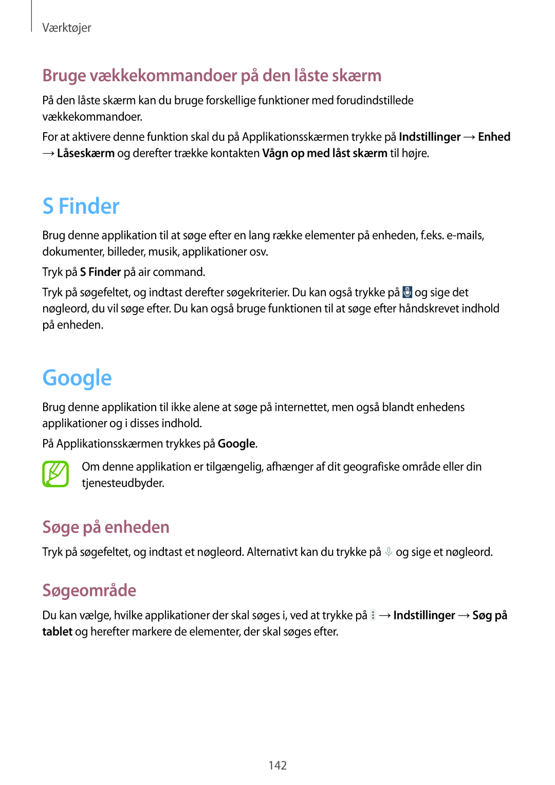 Samsung SM-P9050ZKANEE manual Finder, Google, Bruge vækkekommandoer på den låste skærm, Søge på enheden, Søgeområde 