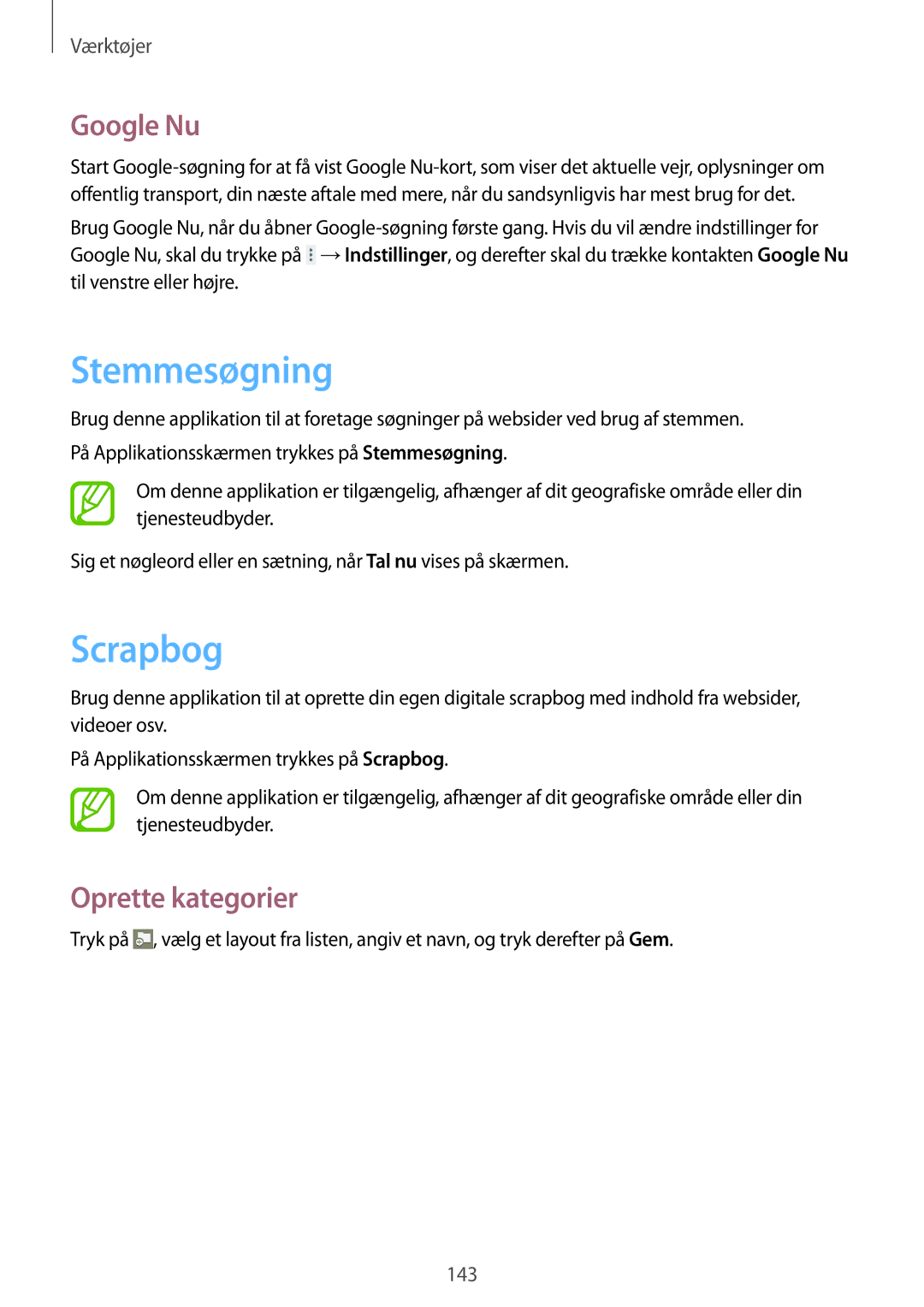 Samsung SM-P9050ZWYNEE, SM-P9050ZWANEE, SM-P9050ZKYNEE manual Stemmesøgning, Scrapbog, Google Nu, Oprette kategorier 