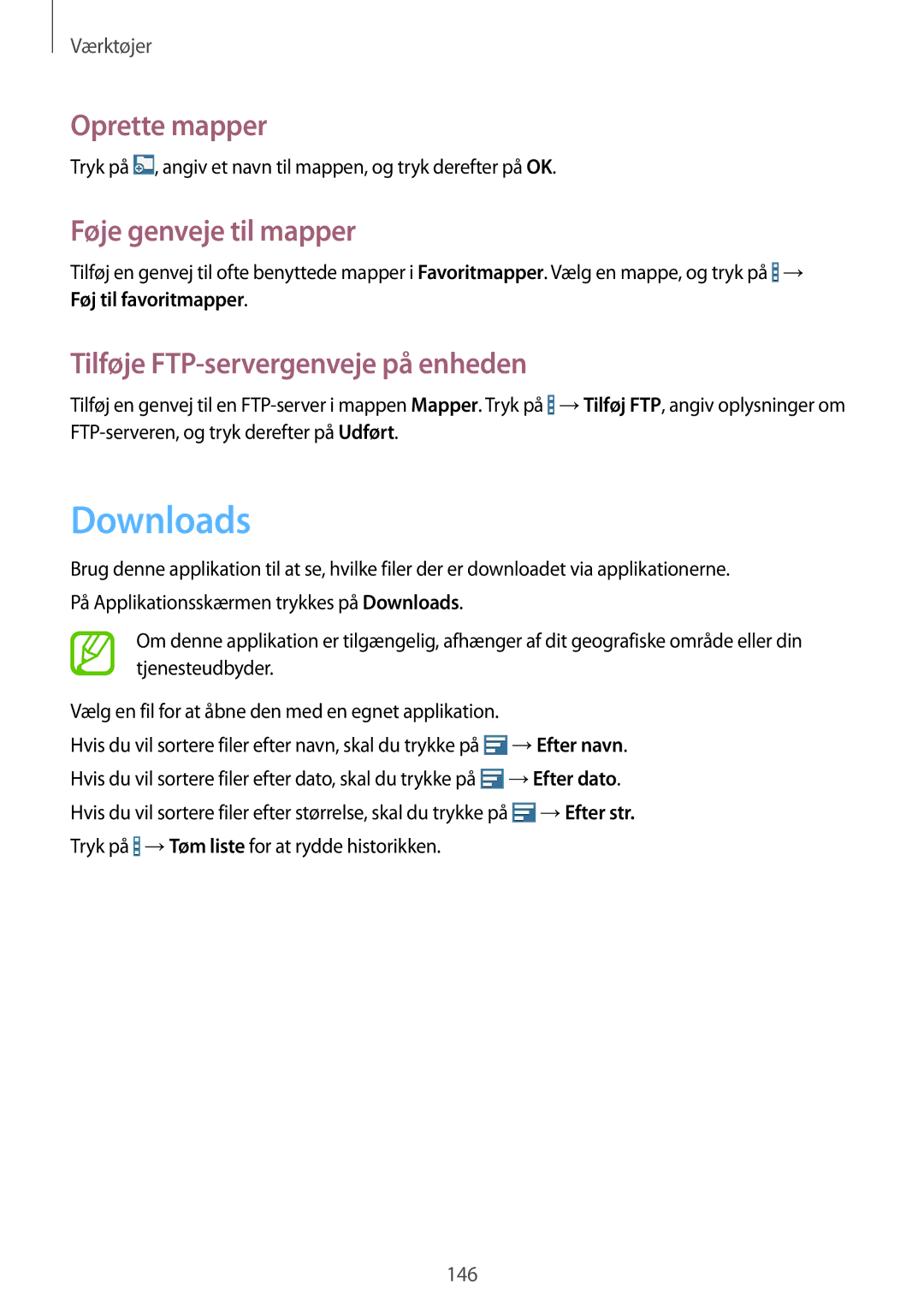 Samsung SM-P9050ZKANEE manual Downloads, Oprette mapper, Føje genveje til mapper, Tilføje FTP-servergenveje på enheden 