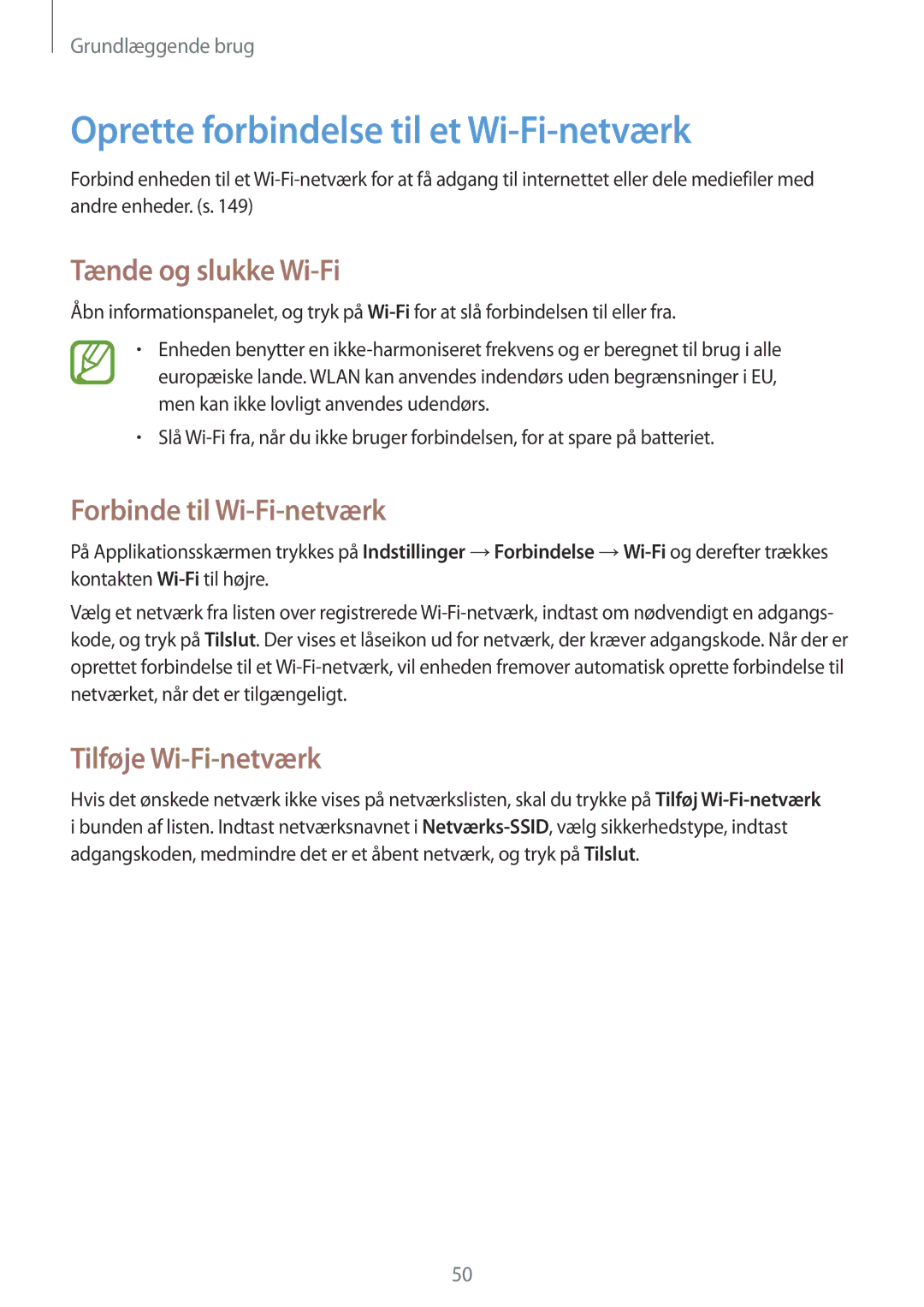 Samsung SM-P9050ZKANEE manual Oprette forbindelse til et Wi-Fi-netværk, Tænde og slukke Wi-Fi, Forbinde til Wi-Fi-netværk 