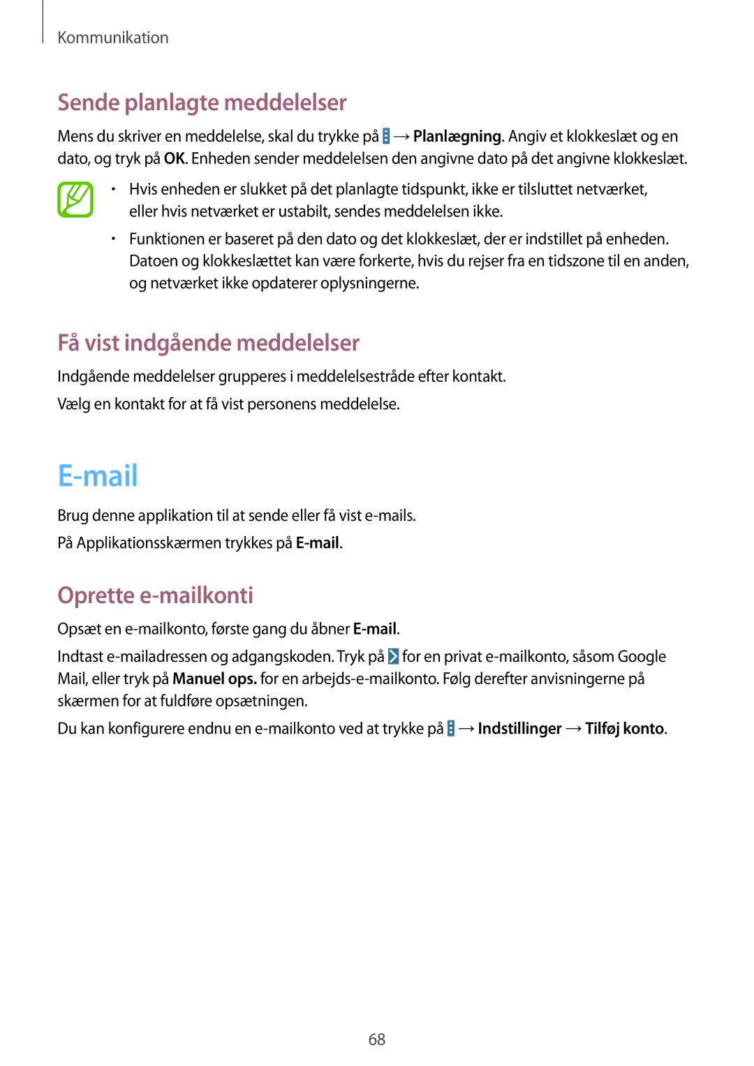 Samsung SM-P9050ZWANEE manual Mail, Sende planlagte meddelelser, Få vist indgående meddelelser, Oprette e-mailkonti 