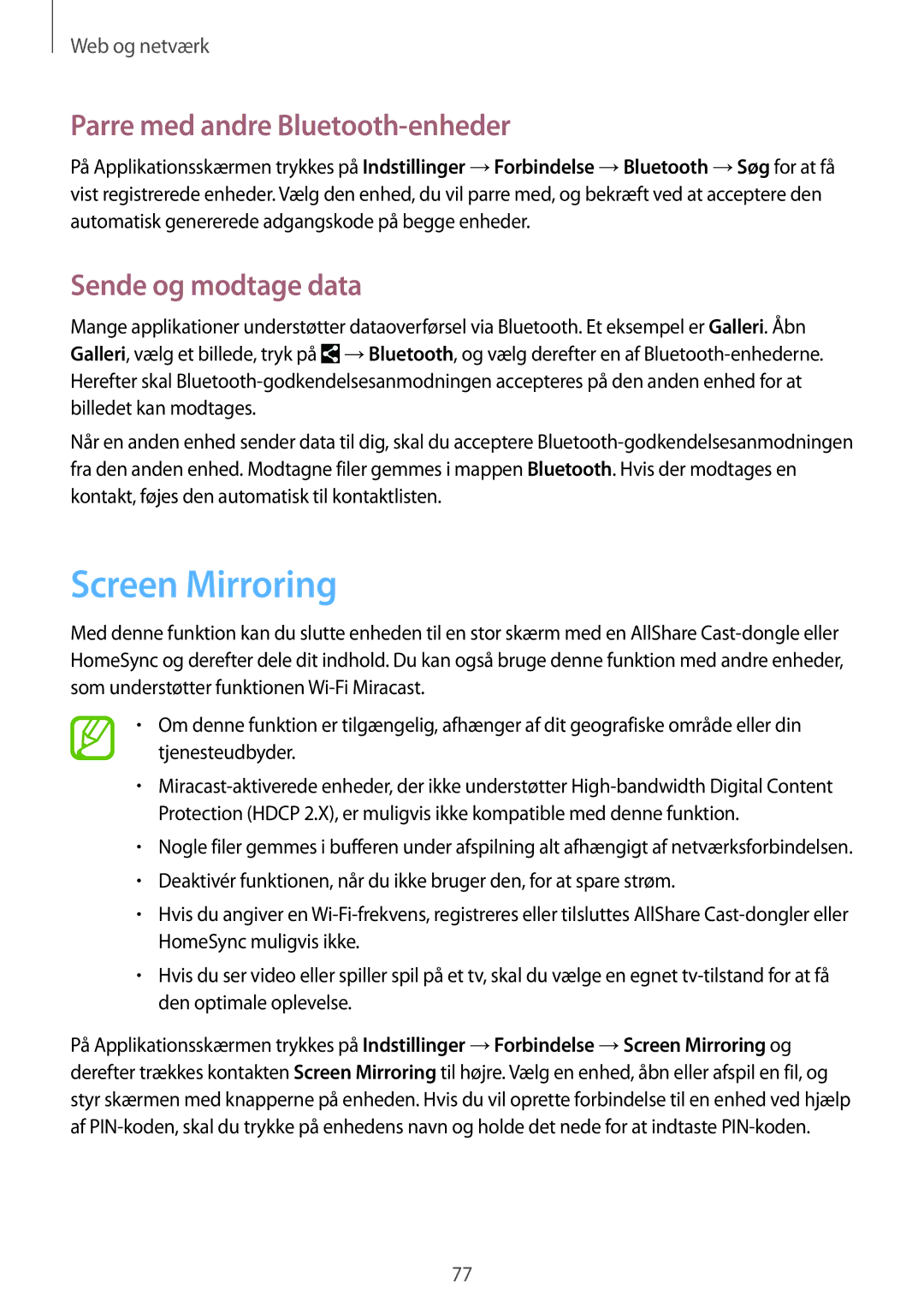 Samsung SM-P9050ZKYNEE, SM-P9050ZWANEE manual Screen Mirroring, Parre med andre Bluetooth-enheder, Sende og modtage data 