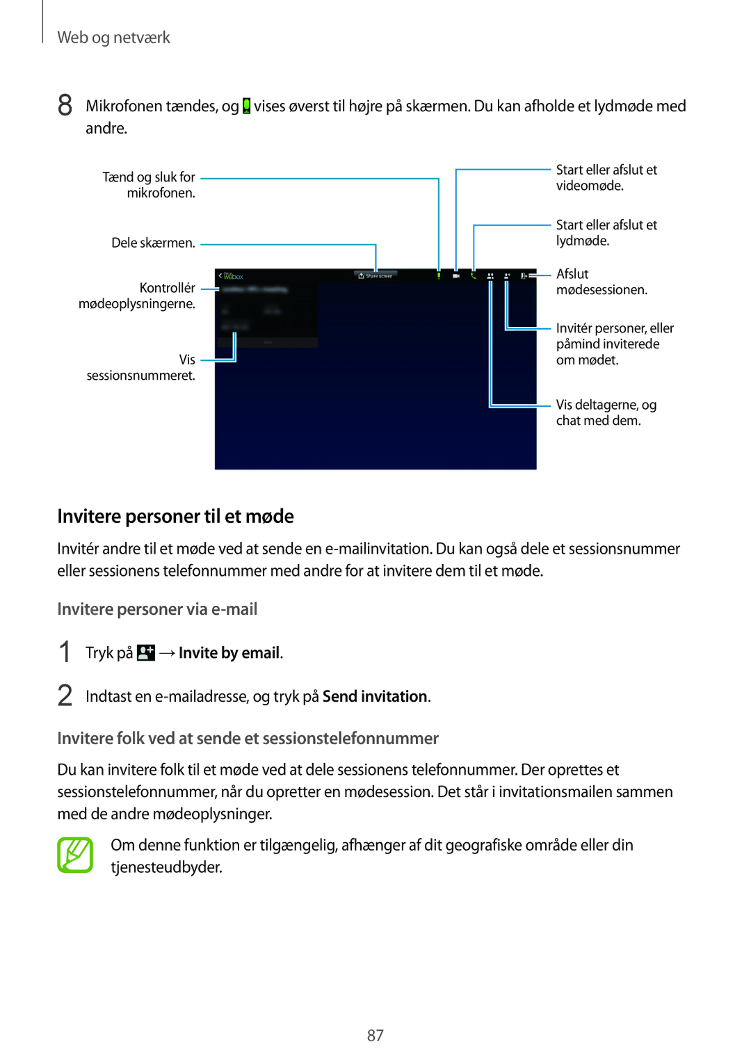 Samsung SM-P9050ZWYNEE, SM-P9050ZWANEE, SM-P9050ZKYNEE manual Invitere personer til et møde, Tryk på →Invite by email 