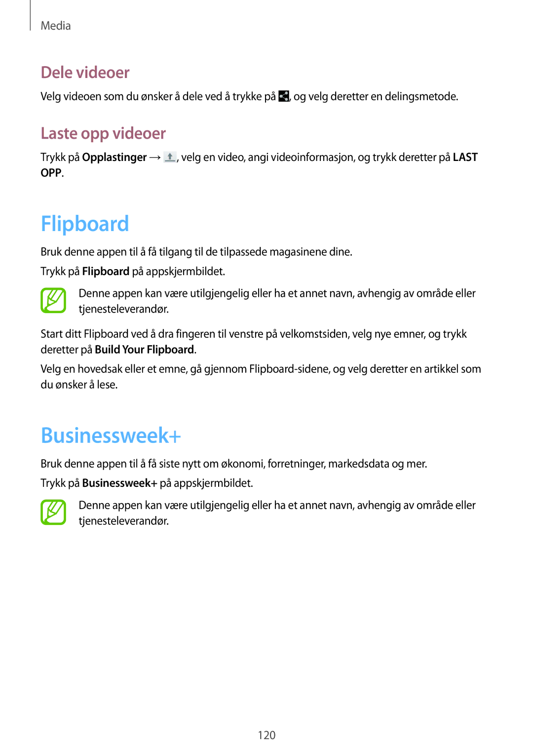 Samsung SM-P9050ZWANEE, SM-P9050ZKYNEE, SM-P9050ZKANEE, SM-P9050ZWYNEE manual Flipboard, Businessweek+, Laste opp videoer 