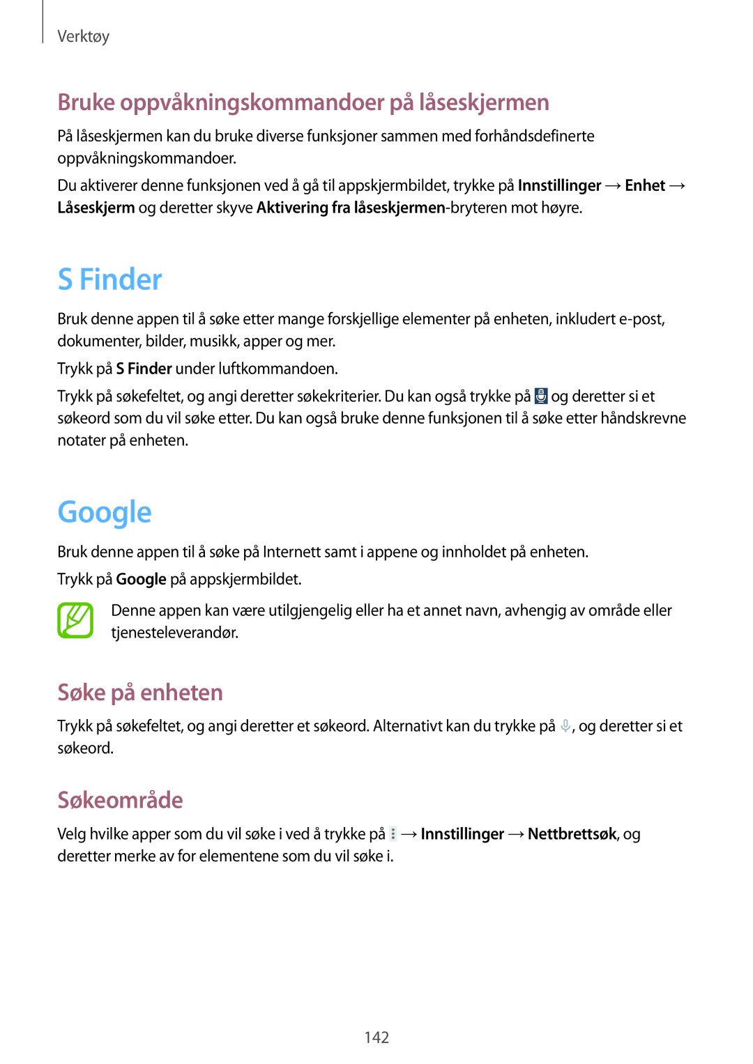 Samsung SM-P9050ZKANEE manual Finder, Google, Bruke oppvåkningskommandoer på låseskjermen, Søke på enheten, Søkeområde 