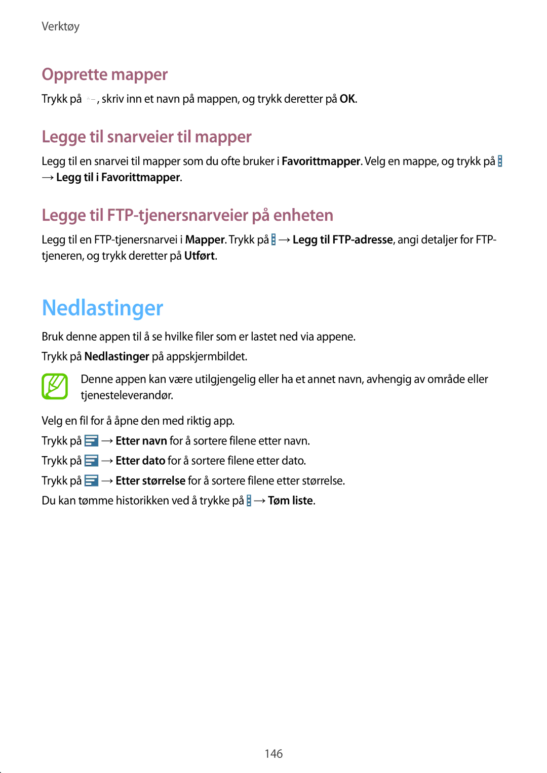 Samsung SM-P9050ZKANEE manual Nedlastinger, Opprette mapper, Legge til snarveier til mapper, → Legg til i Favorittmapper 