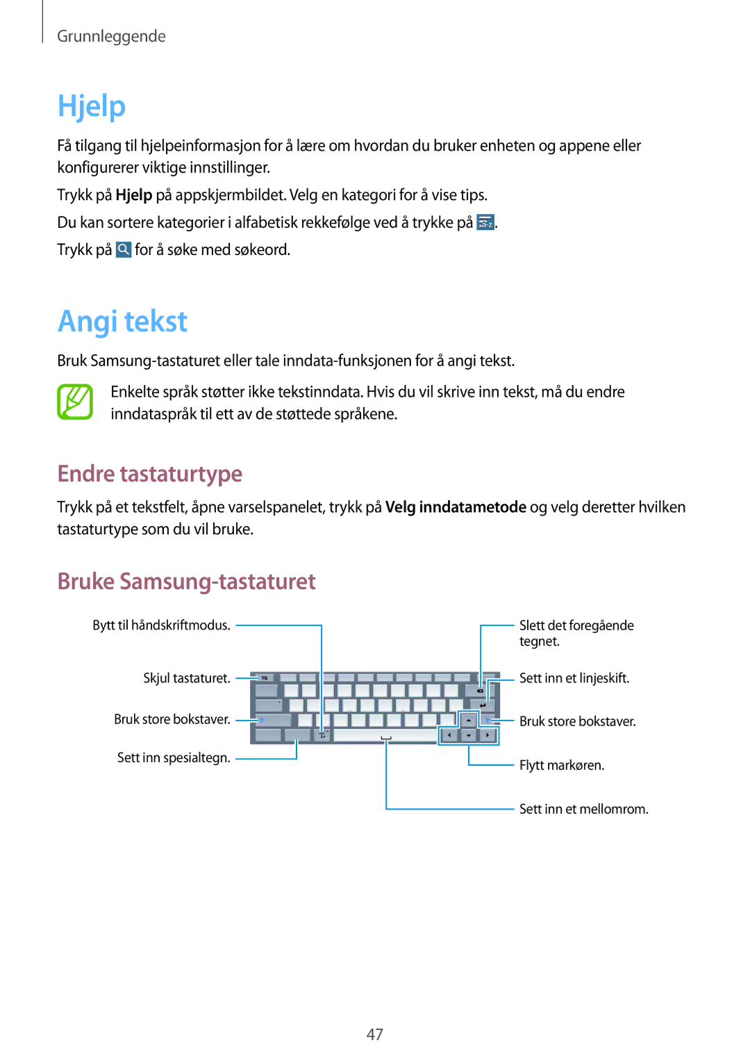 Samsung SM-P9050ZWYNEE, SM-P9050ZWANEE, SM-P9050ZKYNEE manual Hjelp, Angi tekst, Endre tastaturtype, Bruke Samsung-tastaturet 