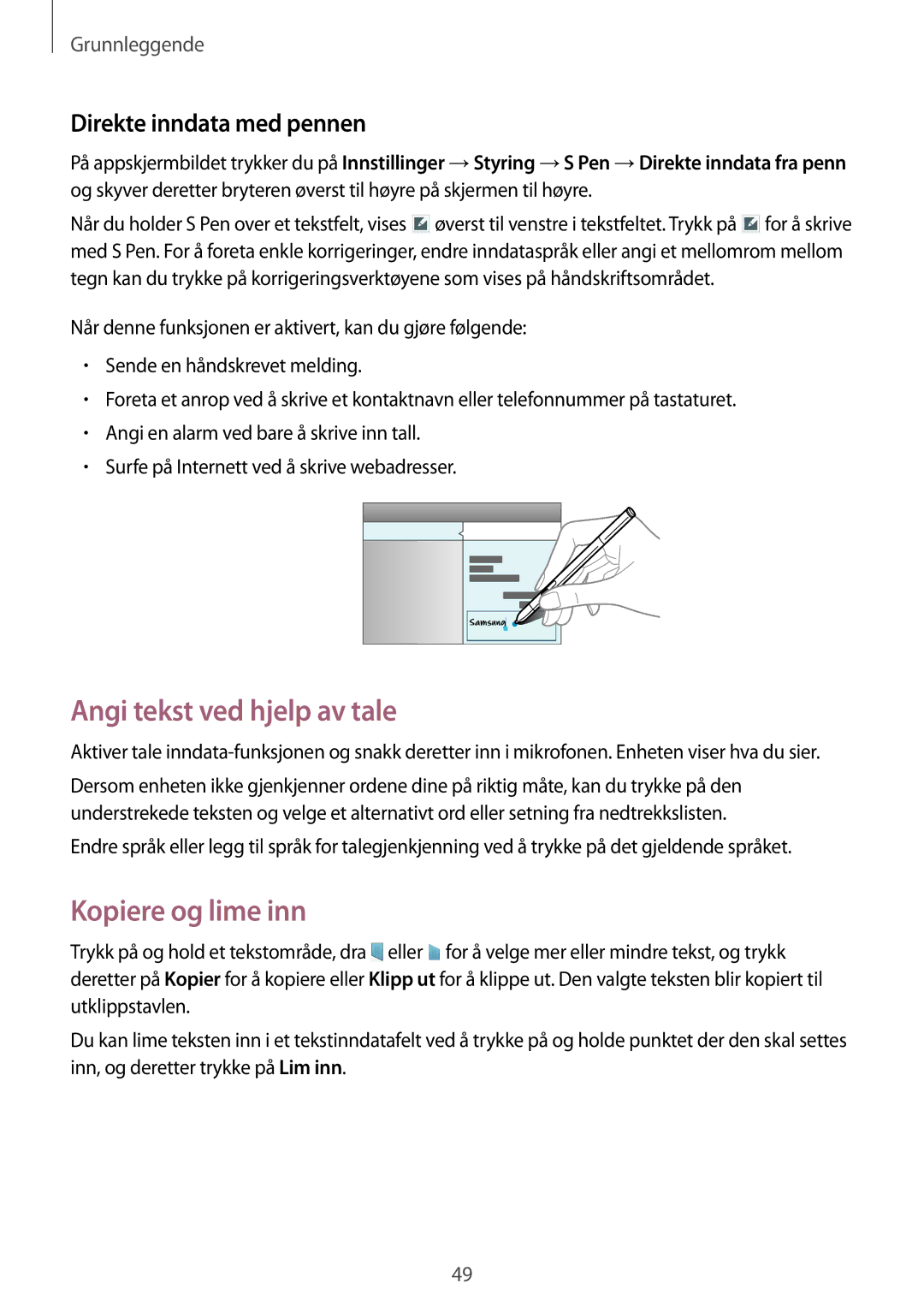 Samsung SM-P9050ZKYNEE, SM-P9050ZWANEE manual Angi tekst ved hjelp av tale, Kopiere og lime inn, Direkte inndata med pennen 