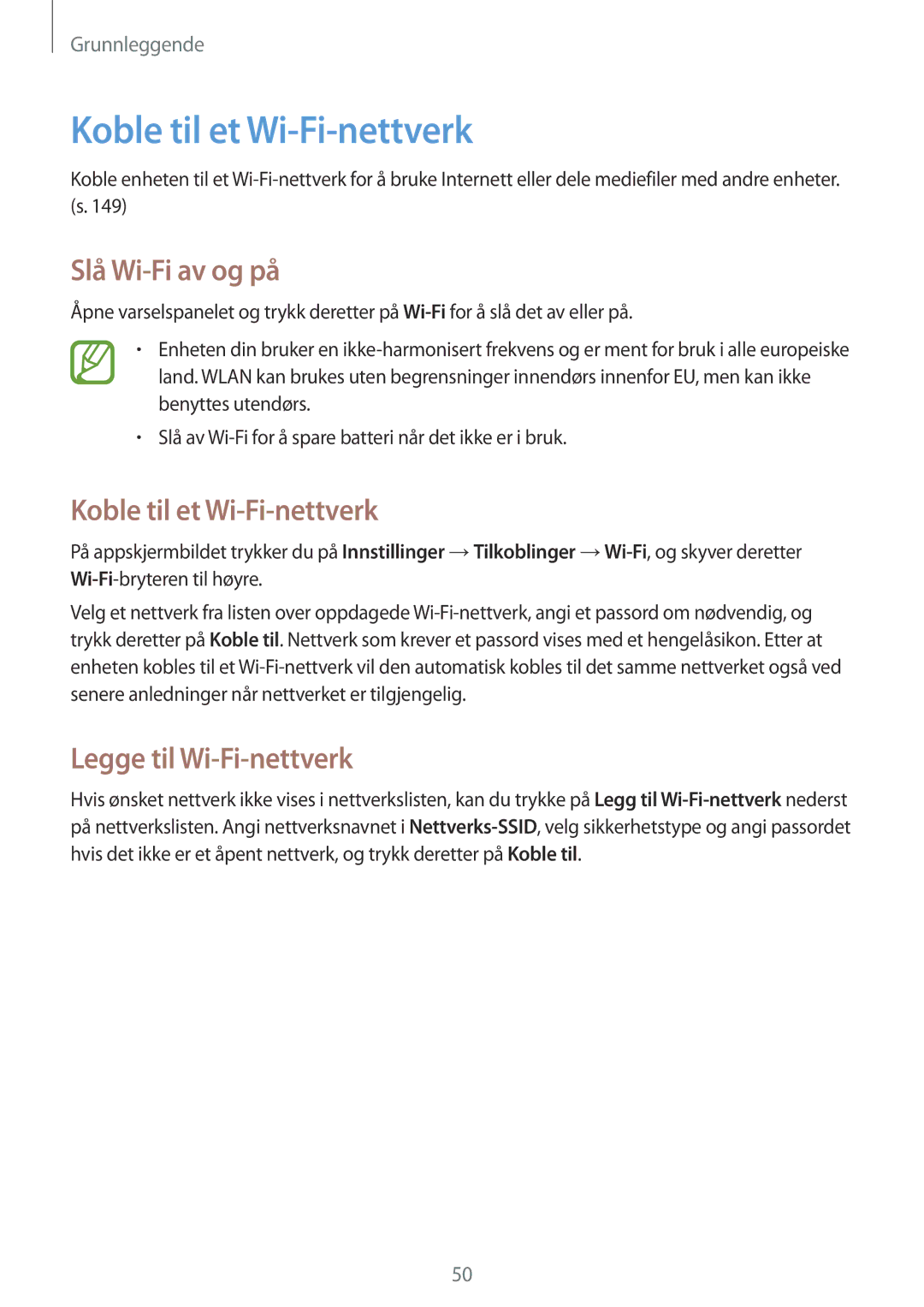 Samsung SM-P9050ZKANEE, SM-P9050ZWANEE manual Koble til et Wi-Fi-nettverk, Slå Wi-Fi av og på, Legge til Wi-Fi-nettverk 