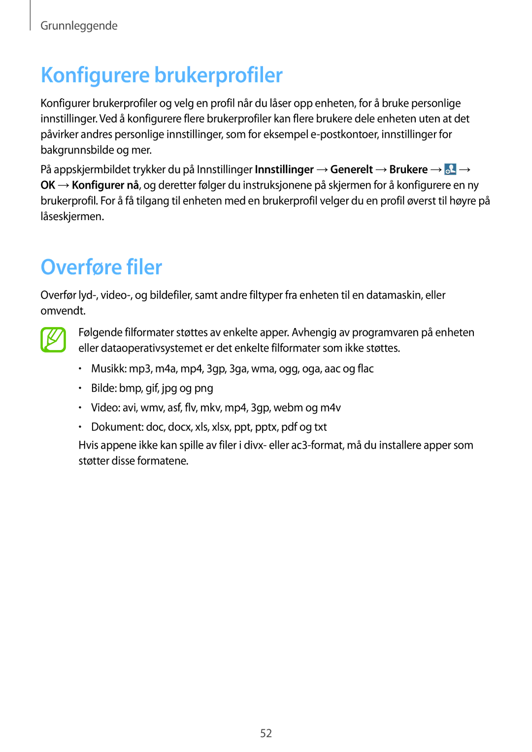 Samsung SM-P9050ZWANEE, SM-P9050ZKYNEE, SM-P9050ZKANEE, SM-P9050ZWYNEE manual Konfigurere brukerprofiler, Overføre filer 