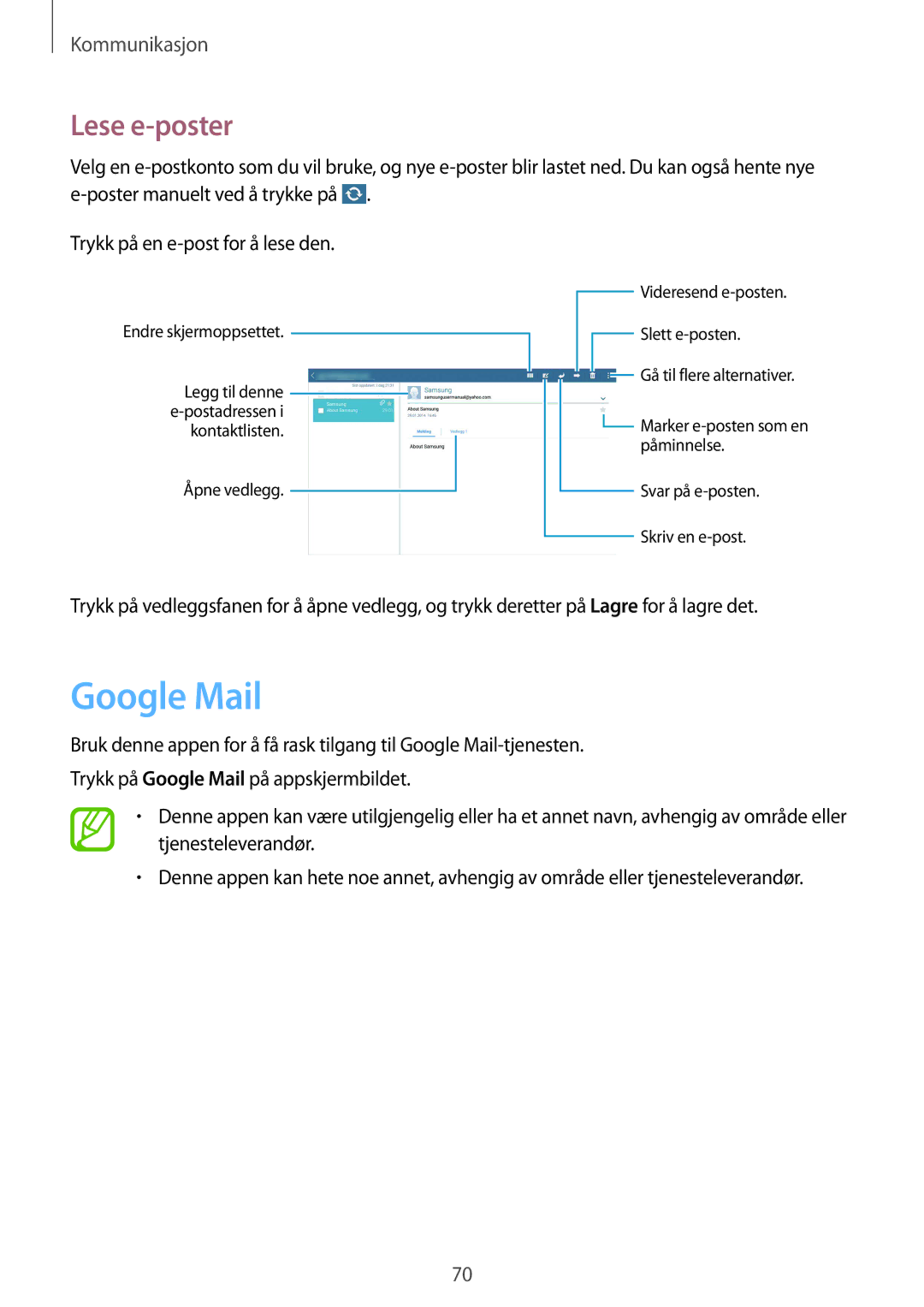 Samsung SM-P9050ZKANEE, SM-P9050ZWANEE, SM-P9050ZKYNEE, SM-P9050ZWYNEE manual Google Mail, Lese e-poster 