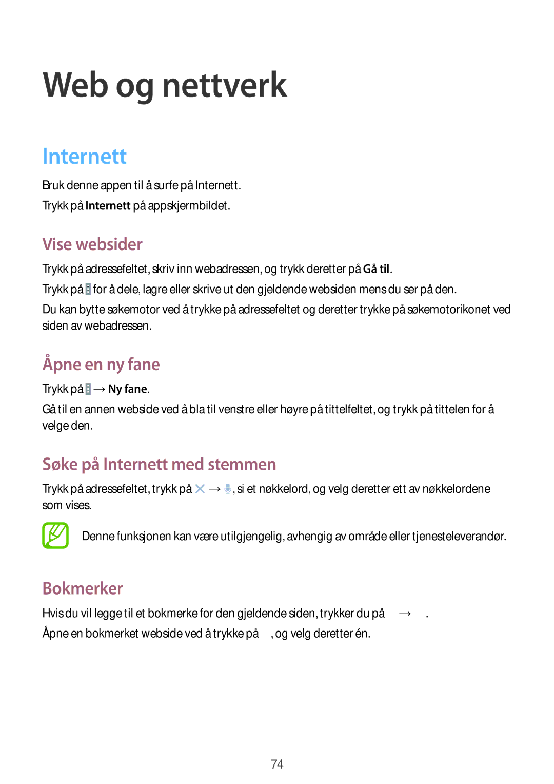 Samsung SM-P9050ZKANEE, SM-P9050ZWANEE manual Vise websider, Åpne en ny fane, Søke på Internett med stemmen, Bokmerker 