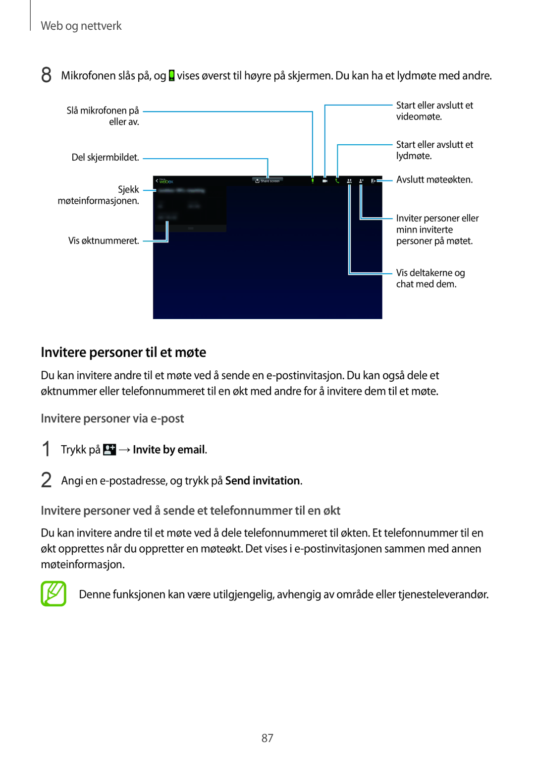 Samsung SM-P9050ZWYNEE, SM-P9050ZWANEE, SM-P9050ZKYNEE manual Invitere personer til et møte, Trykk på →Invite by email 