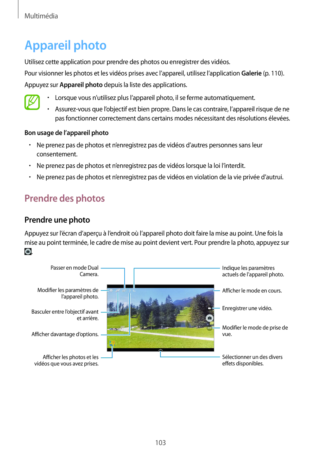 Samsung SM-P9050ZKAXEF manual Appareil photo, Prendre des photos, Prendre une photo, Bon usage de l’appareil photo 