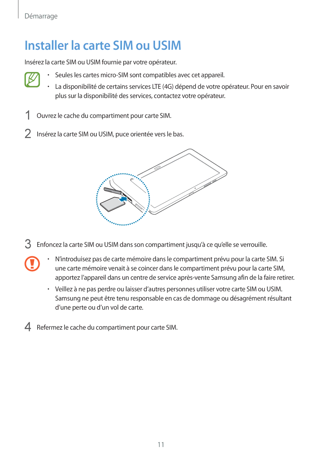 Samsung SM-P9050ZKAXEF, SM-P9050ZWAXEF manual Installer la carte SIM ou Usim 