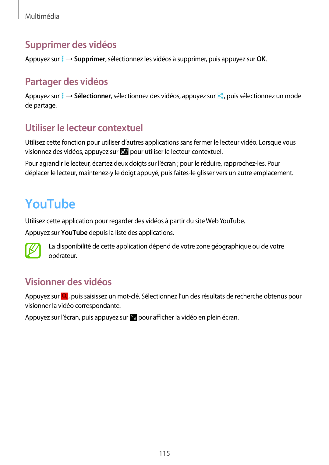 Samsung SM-P9050ZKAXEF, SM-P9050ZWAXEF YouTube, Supprimer des vidéos, Partager des vidéos, Utiliser le lecteur contextuel 
