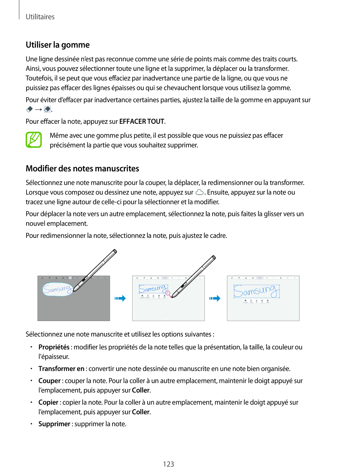 Samsung SM-P9050ZKAXEF, SM-P9050ZWAXEF manual Utiliser la gomme, Modifier des notes manuscrites 