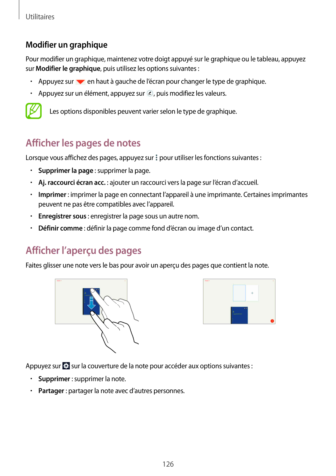 Samsung SM-P9050ZWAXEF, SM-P9050ZKAXEF Afficher les pages de notes, Afficher l’aperçu des pages, Modifier un graphique 