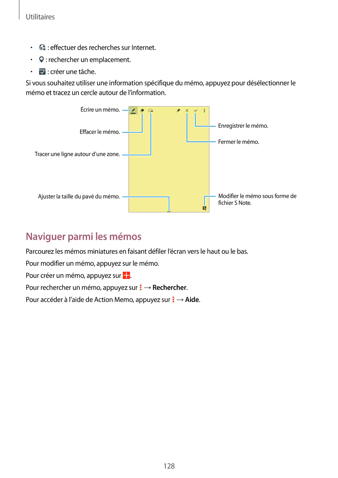 Samsung SM-P9050ZWAXEF, SM-P9050ZKAXEF manual Naviguer parmi les mémos 