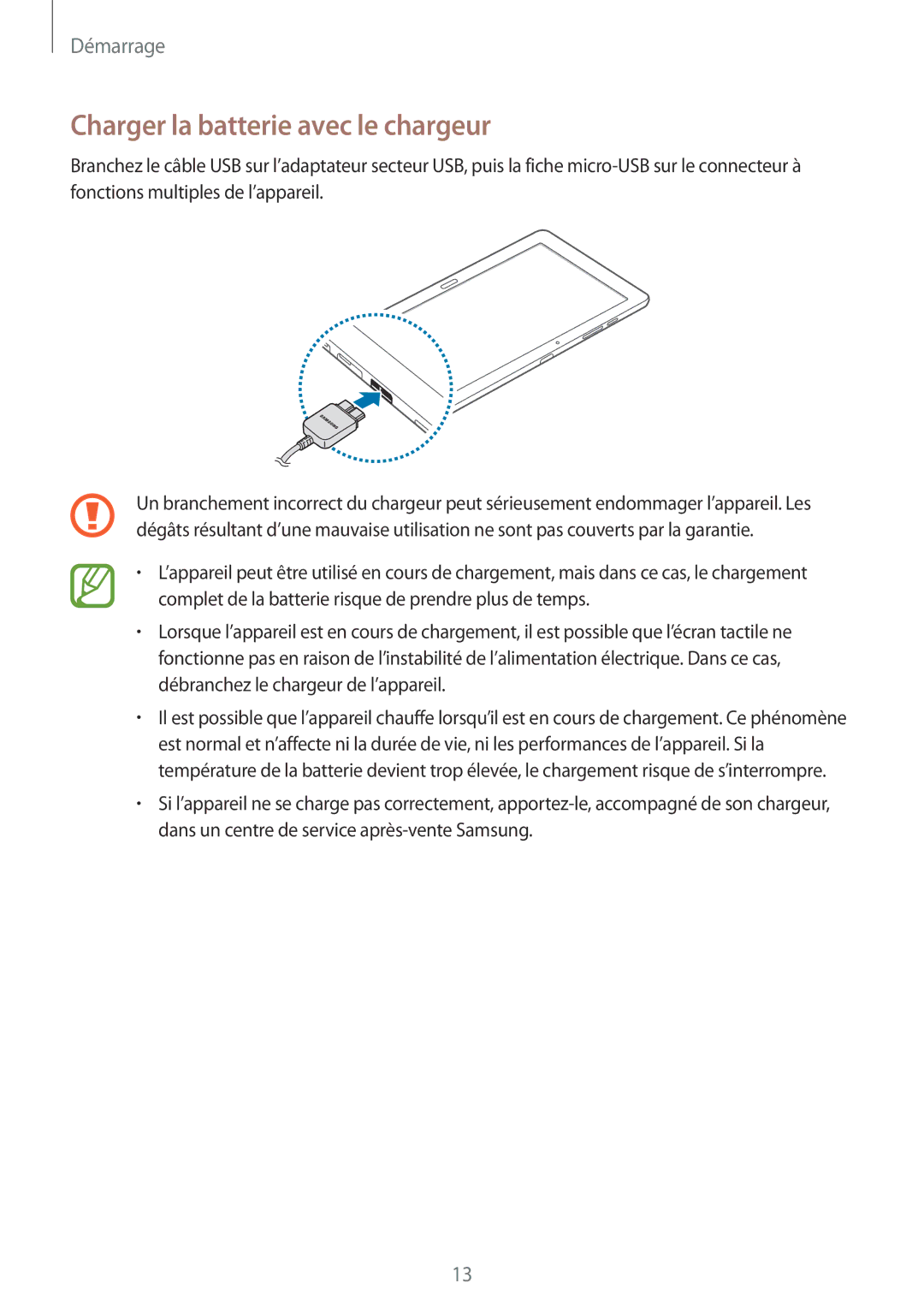 Samsung SM-P9050ZKAXEF, SM-P9050ZWAXEF manual Charger la batterie avec le chargeur 