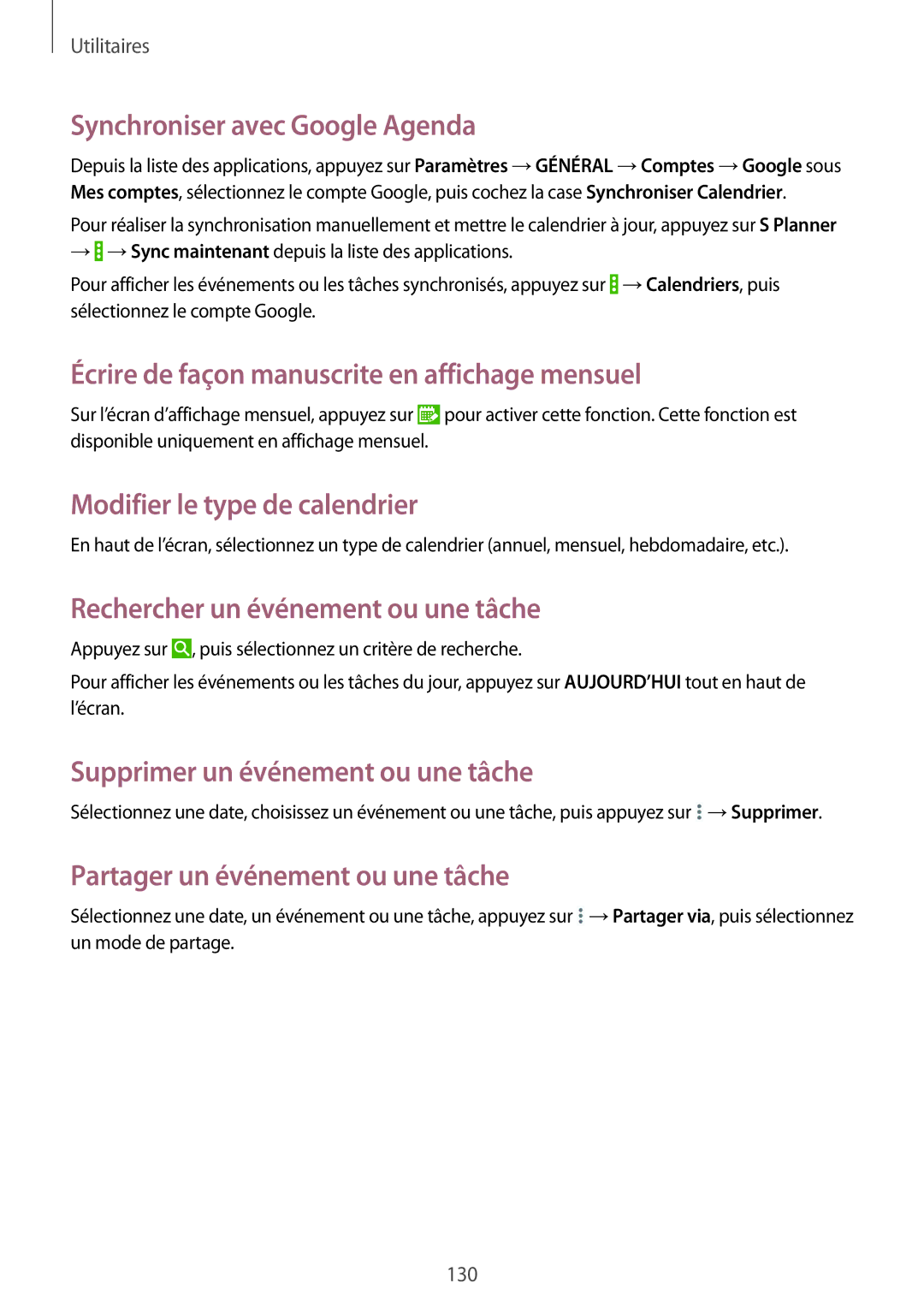 Samsung SM-P9050ZWAXEF, SM-P9050ZKAXEF Synchroniser avec Google Agenda, Écrire de façon manuscrite en affichage mensuel 