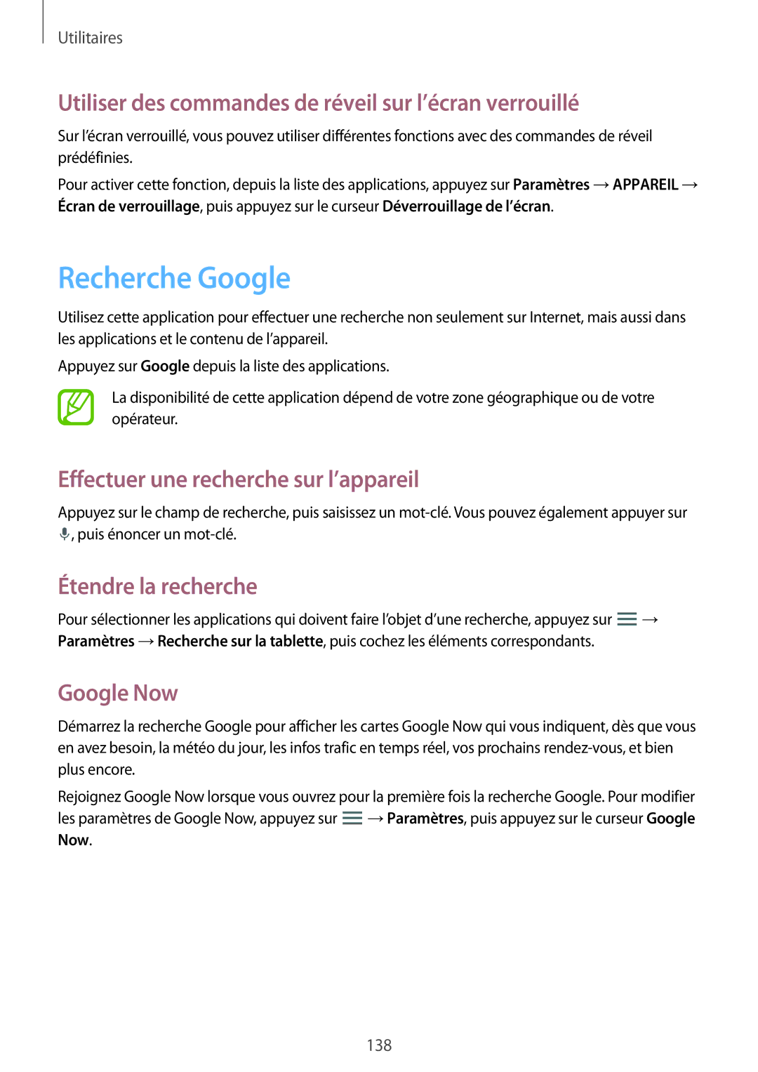 Samsung SM-P9050ZWAXEF Recherche Google, Utiliser des commandes de réveil sur l’écran verrouillé, Étendre la recherche 