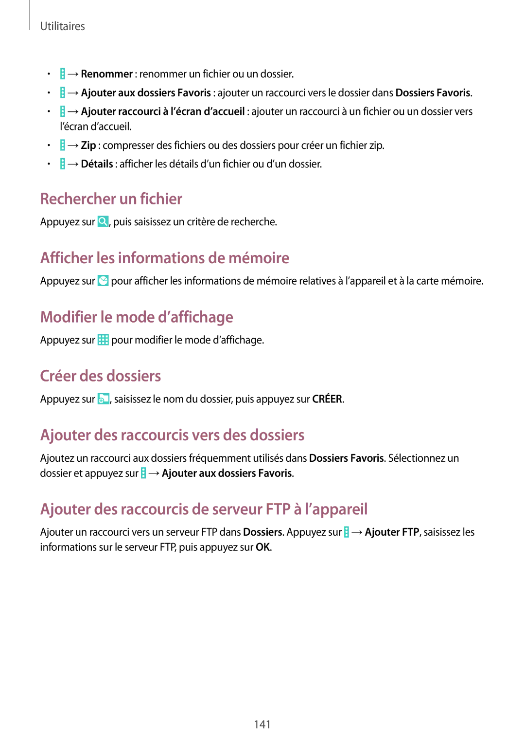 Samsung SM-P9050ZKAXEF manual Rechercher un fichier, Afficher les informations de mémoire, Modifier le mode d’affichage 