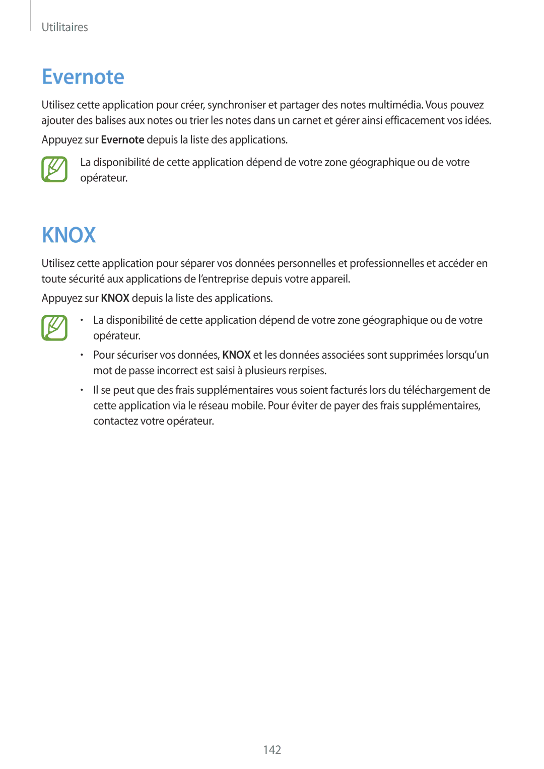 Samsung SM-P9050ZWAXEF, SM-P9050ZKAXEF manual Evernote, Knox 