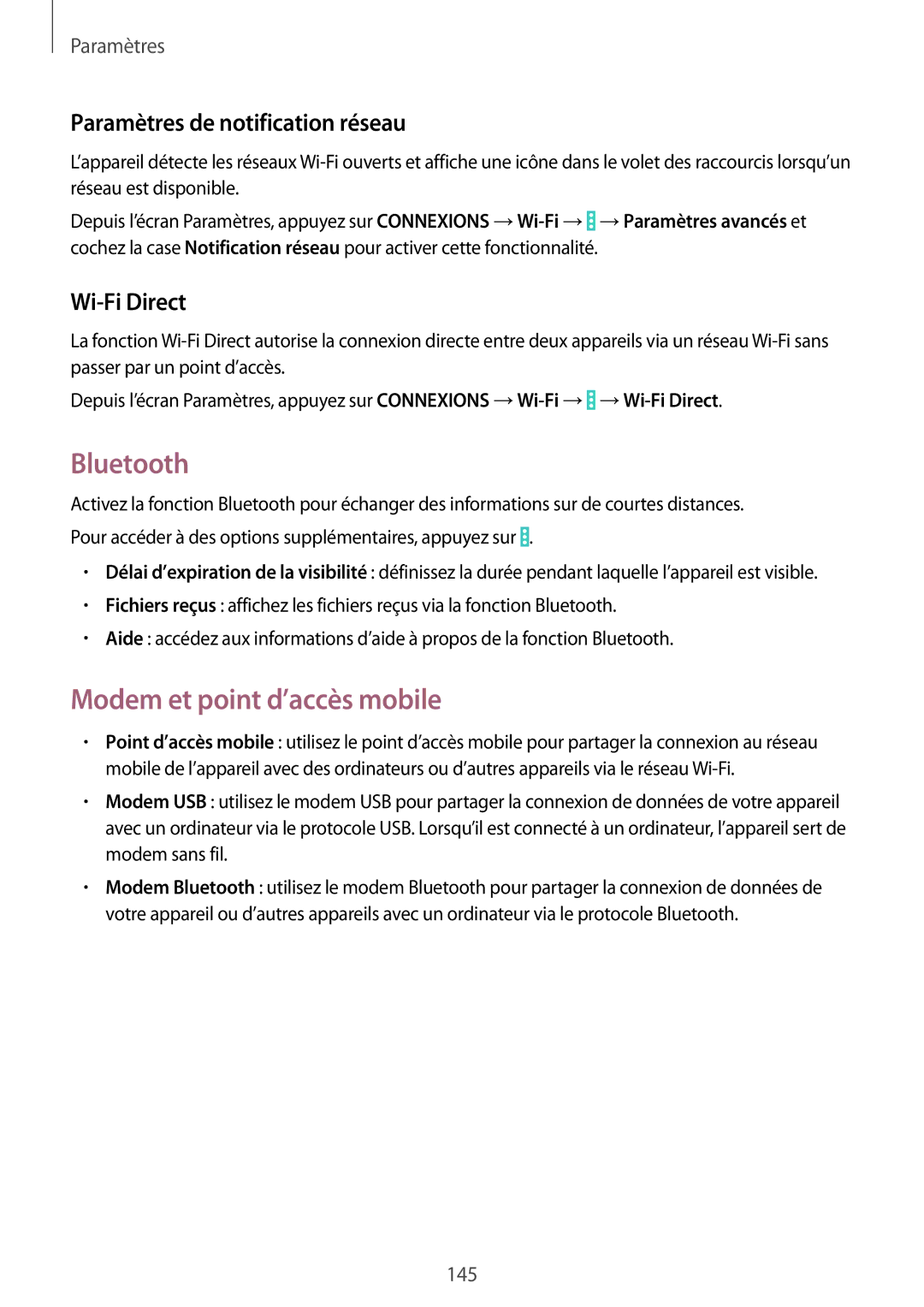 Samsung SM-P9050ZKAXEF manual Bluetooth, Modem et point d’accès mobile, Paramètres de notification réseau, Wi-Fi Direct 